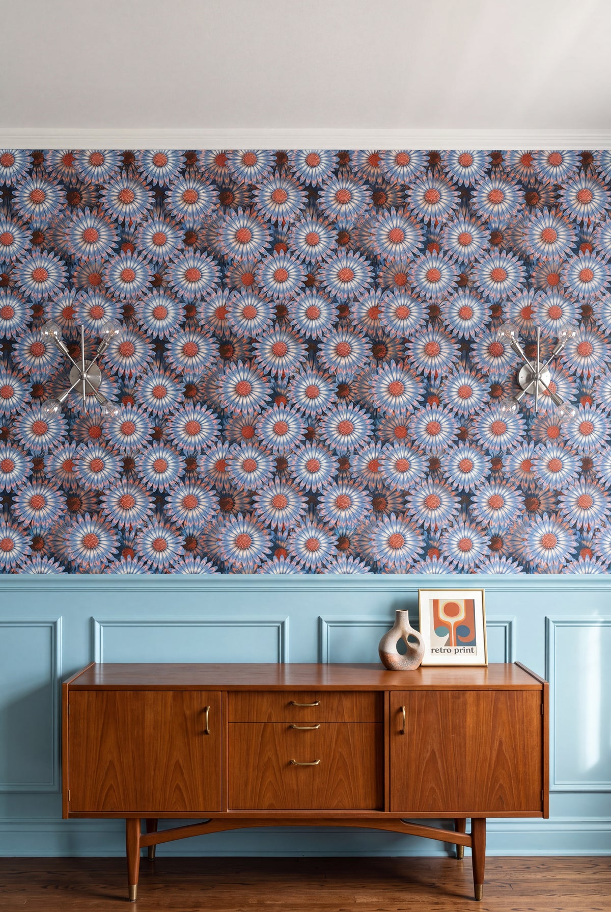 Lagoon Daisy wallpaper shown in a dining room