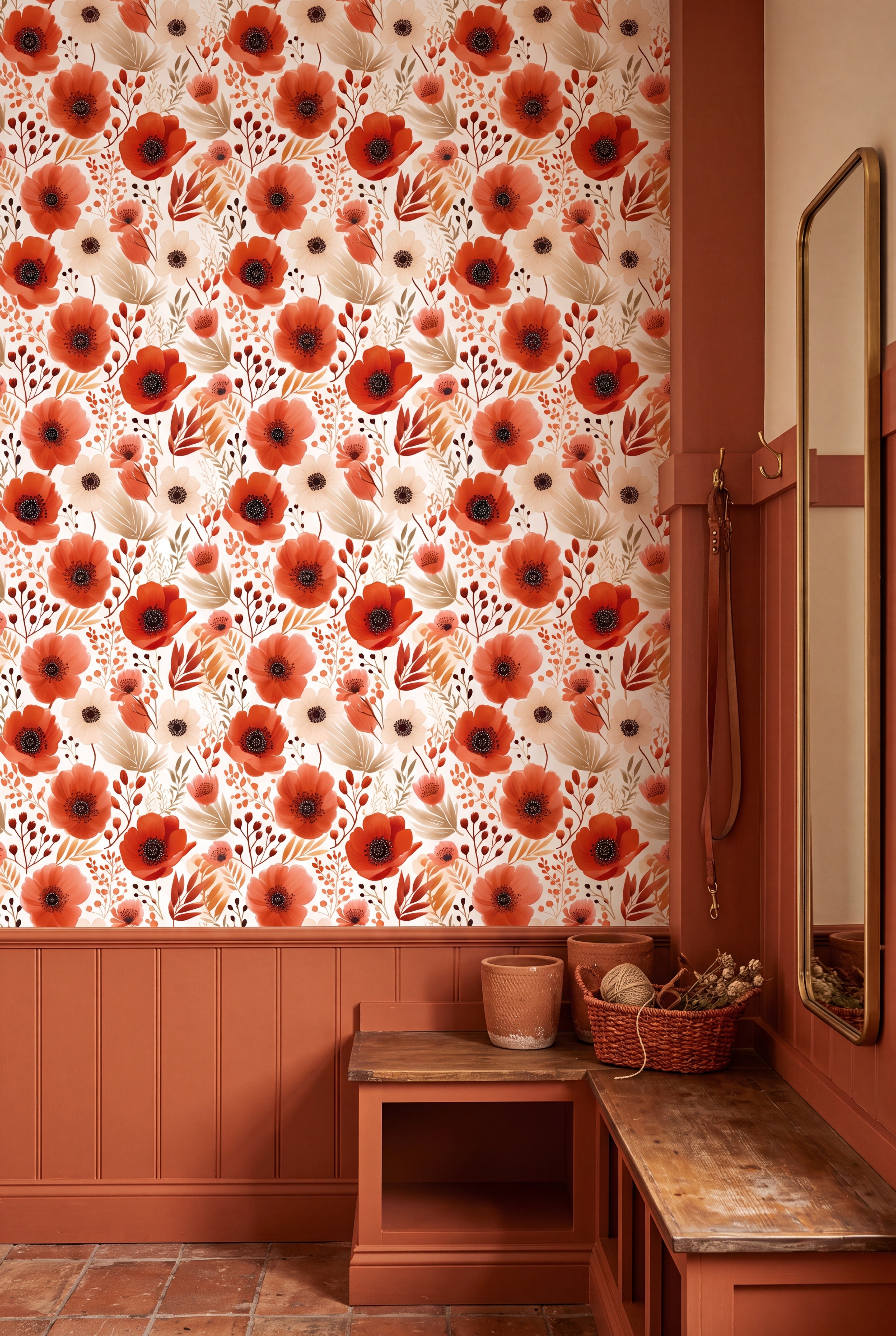 Homestead wallpaper shown in a mudroom