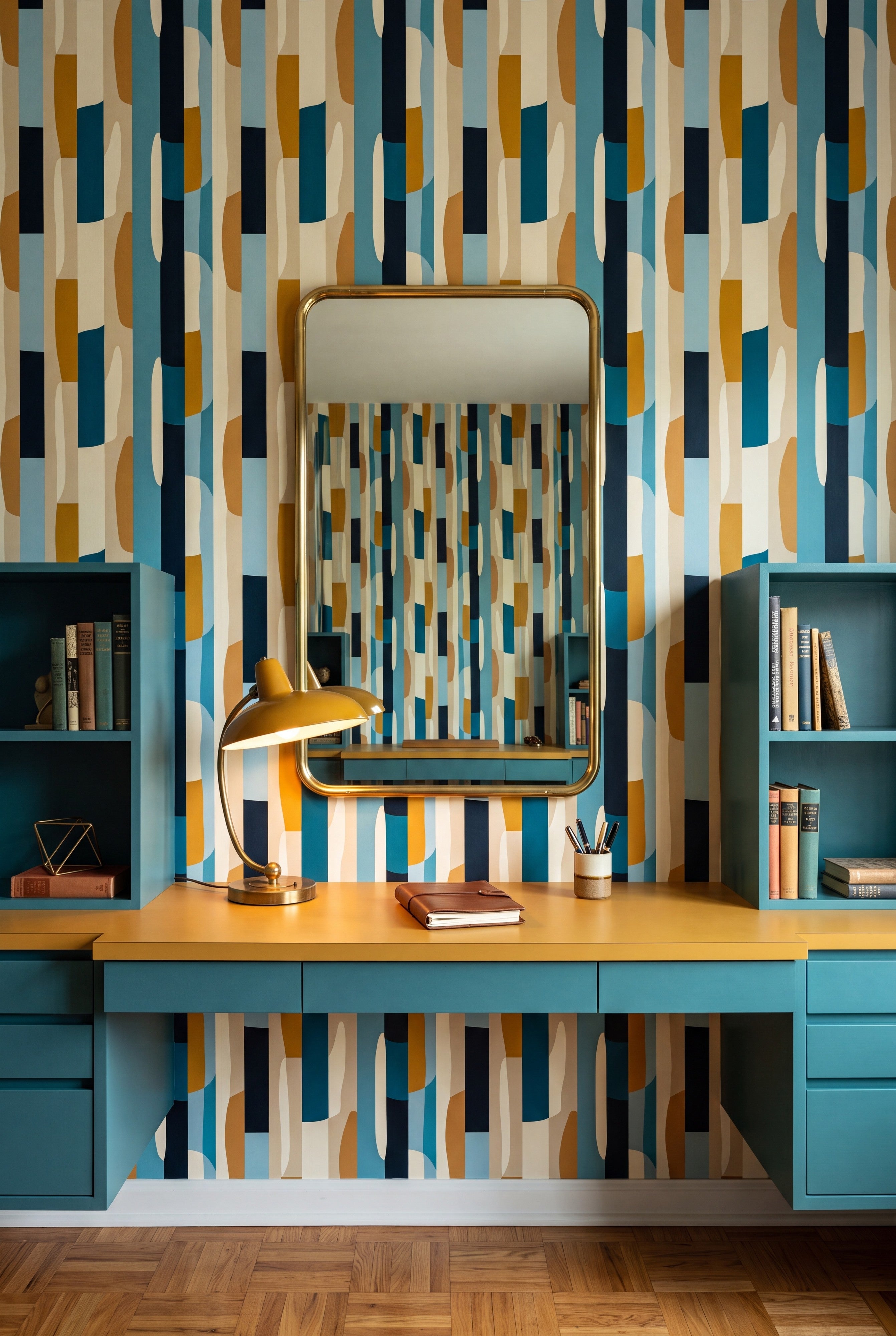 Mod Block wallpaper shown in a home office