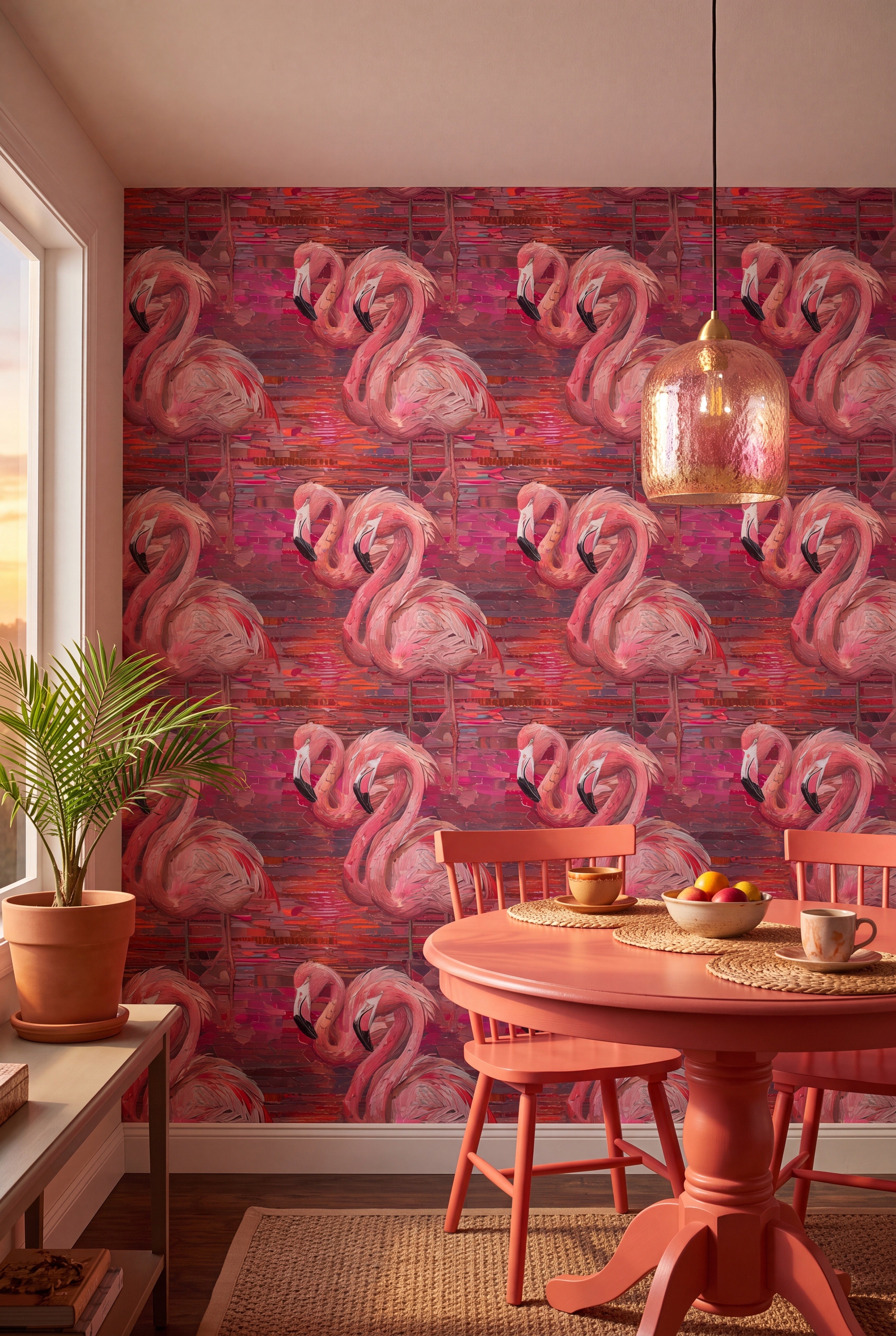 Flamingo Cabana wallpaper shown in a cozy nook