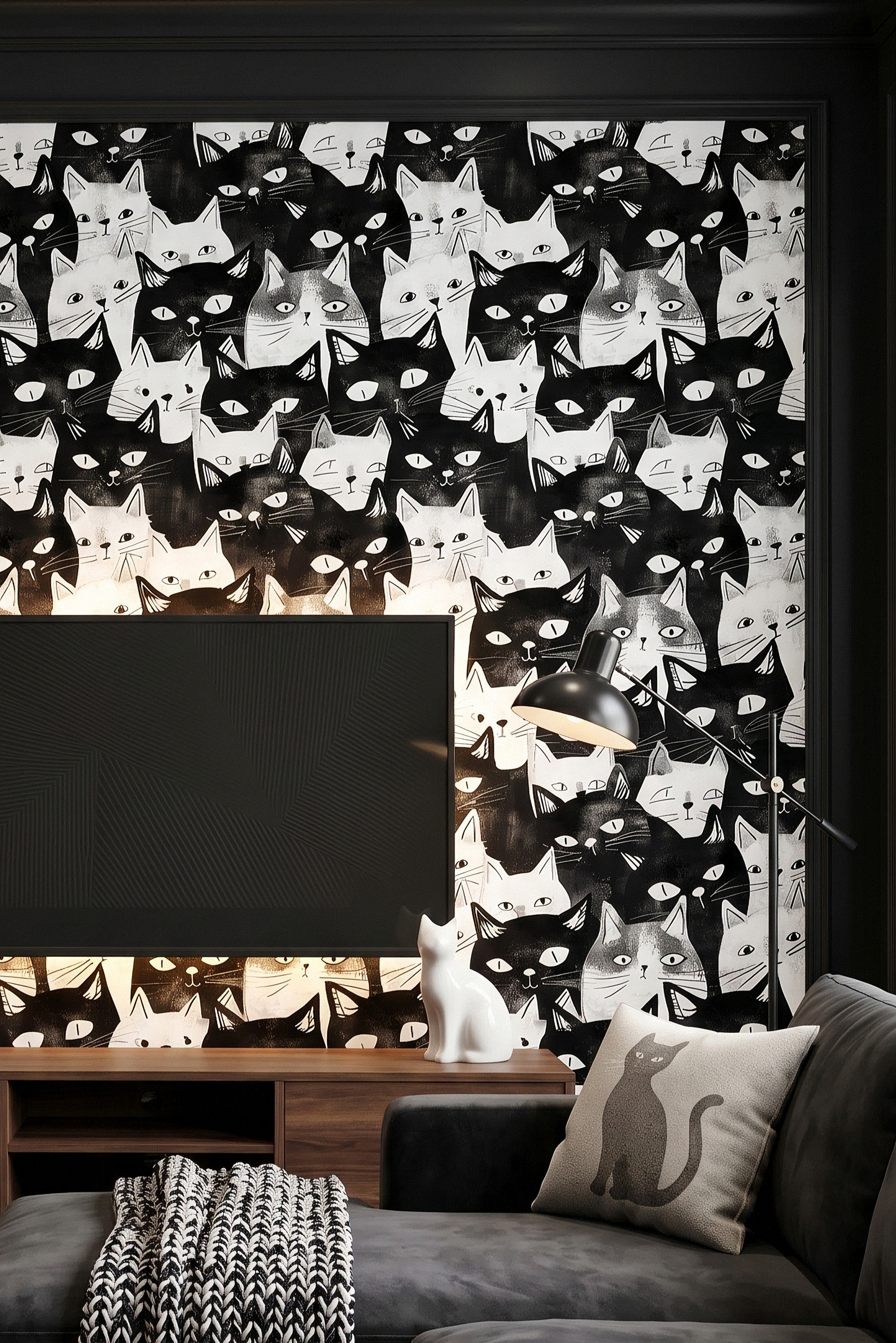 Cat's Meow wallpaper shown in a media room