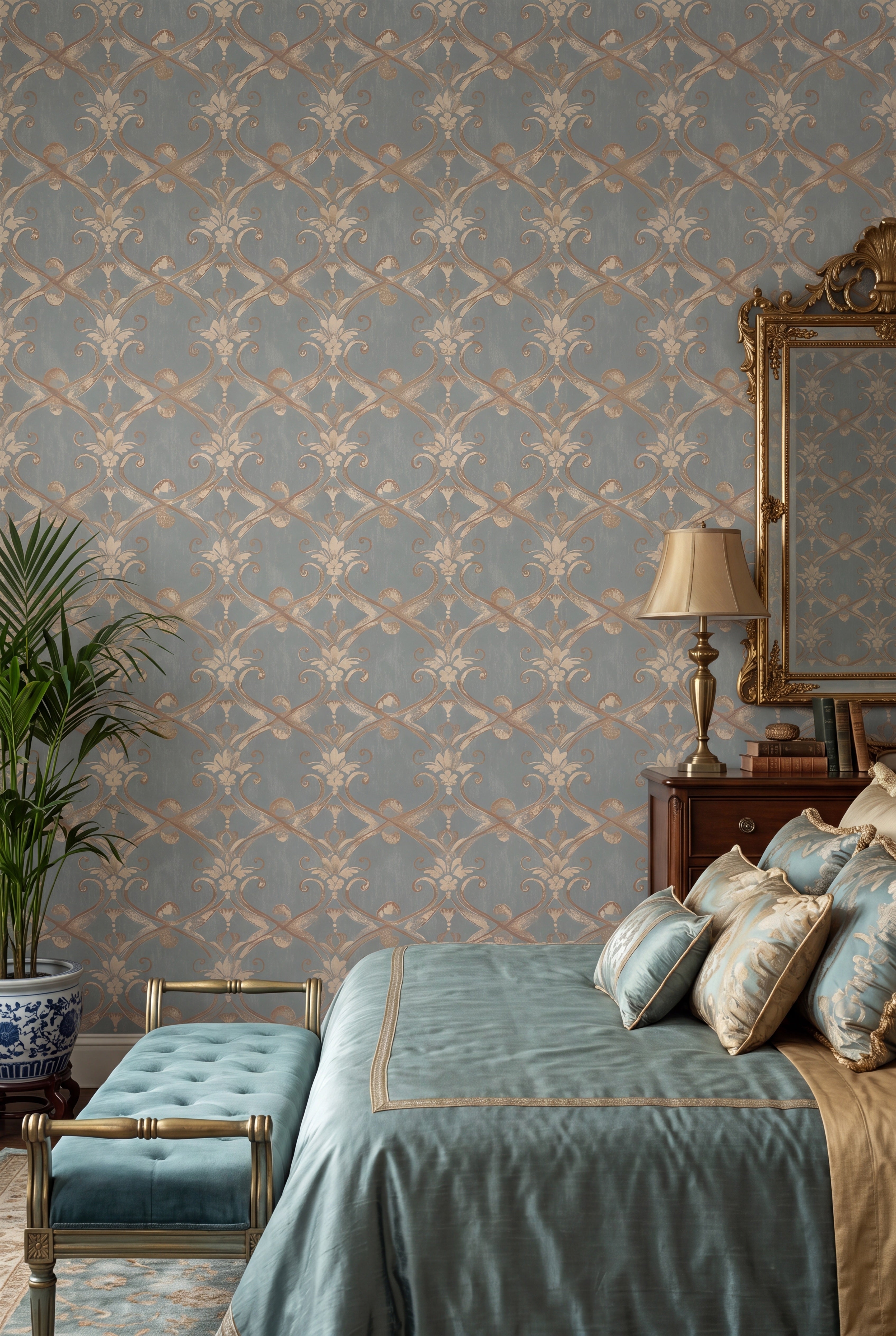 Grey Gables wallpaper shown in a bedroom