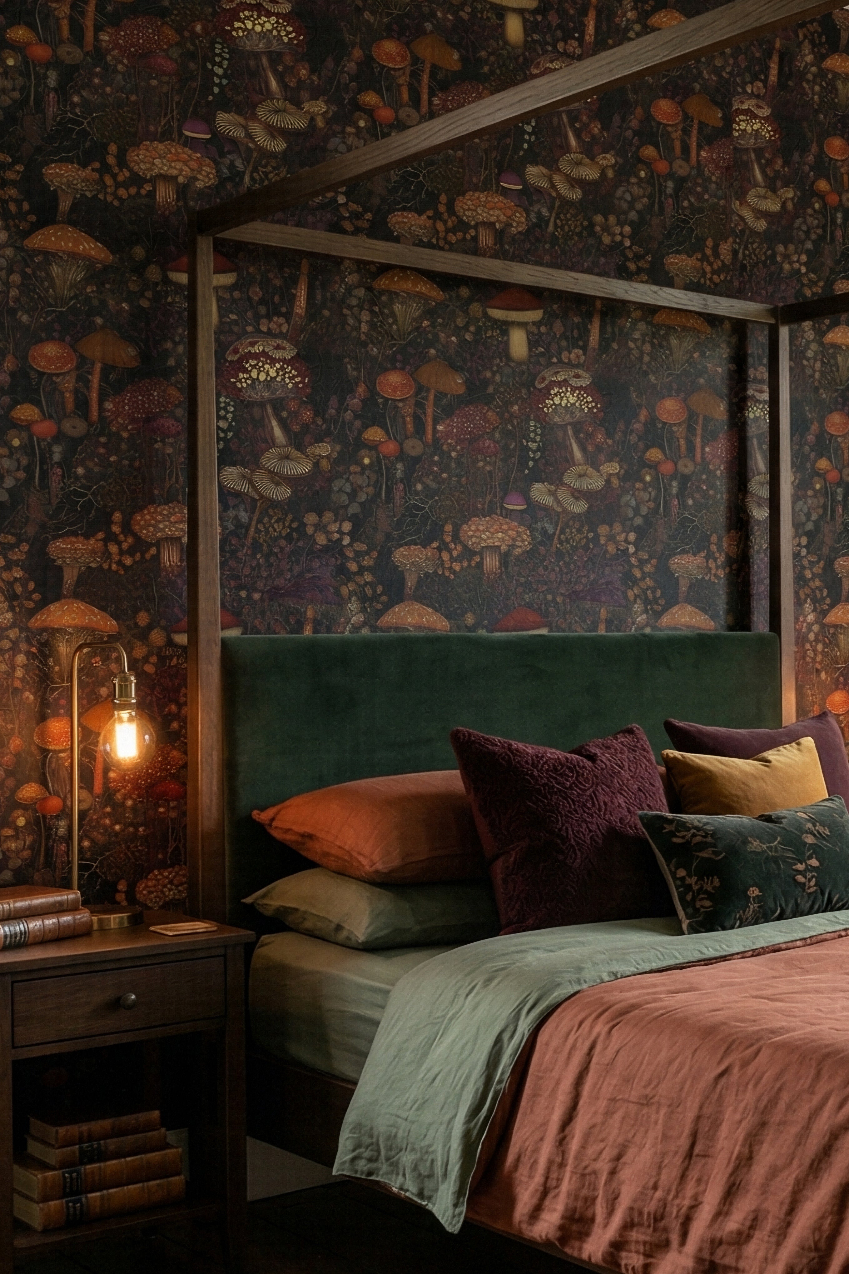 Midnight Forage wallpaper shown in a bedroom