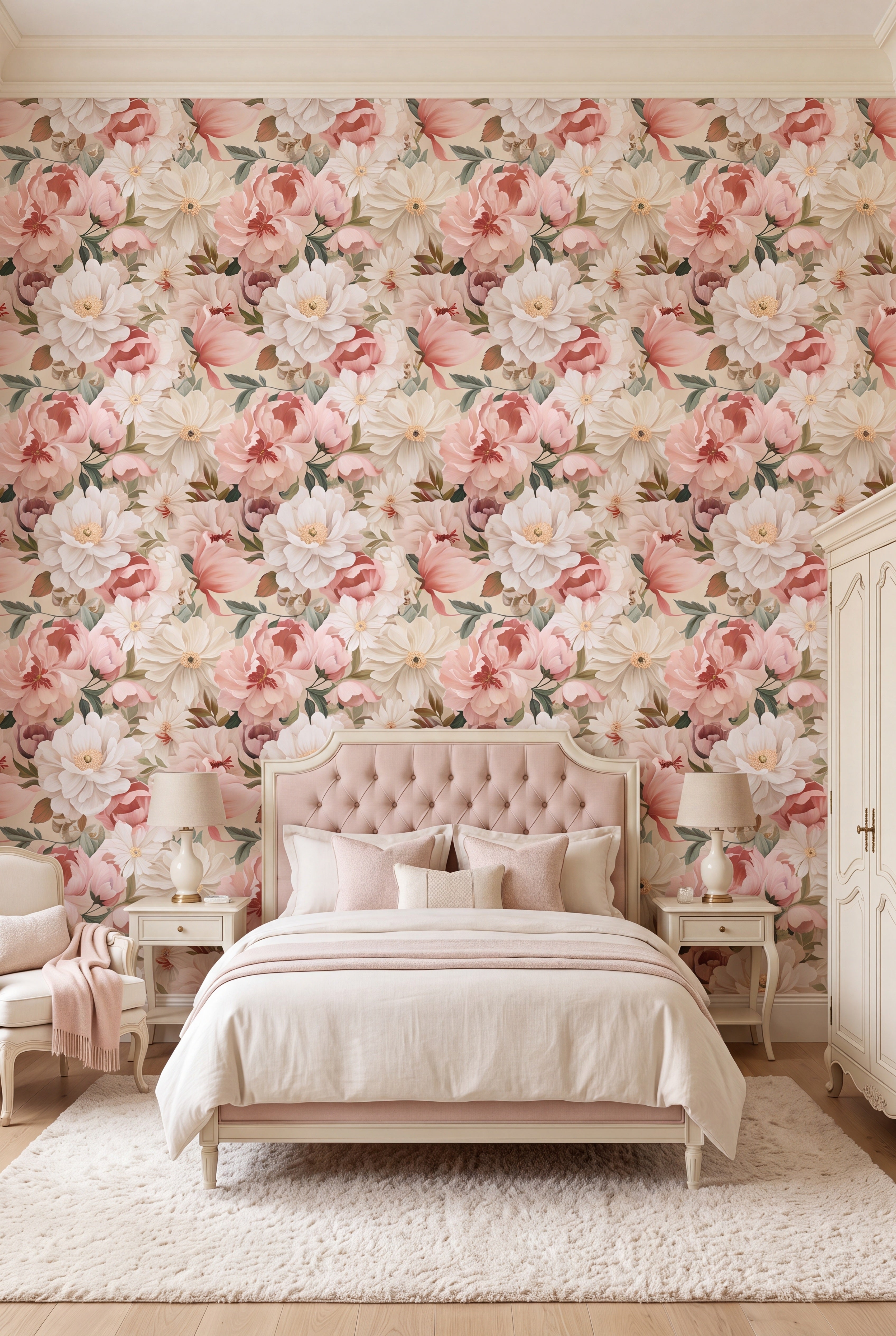 Moody Blush wallpaper shown in a bedroom