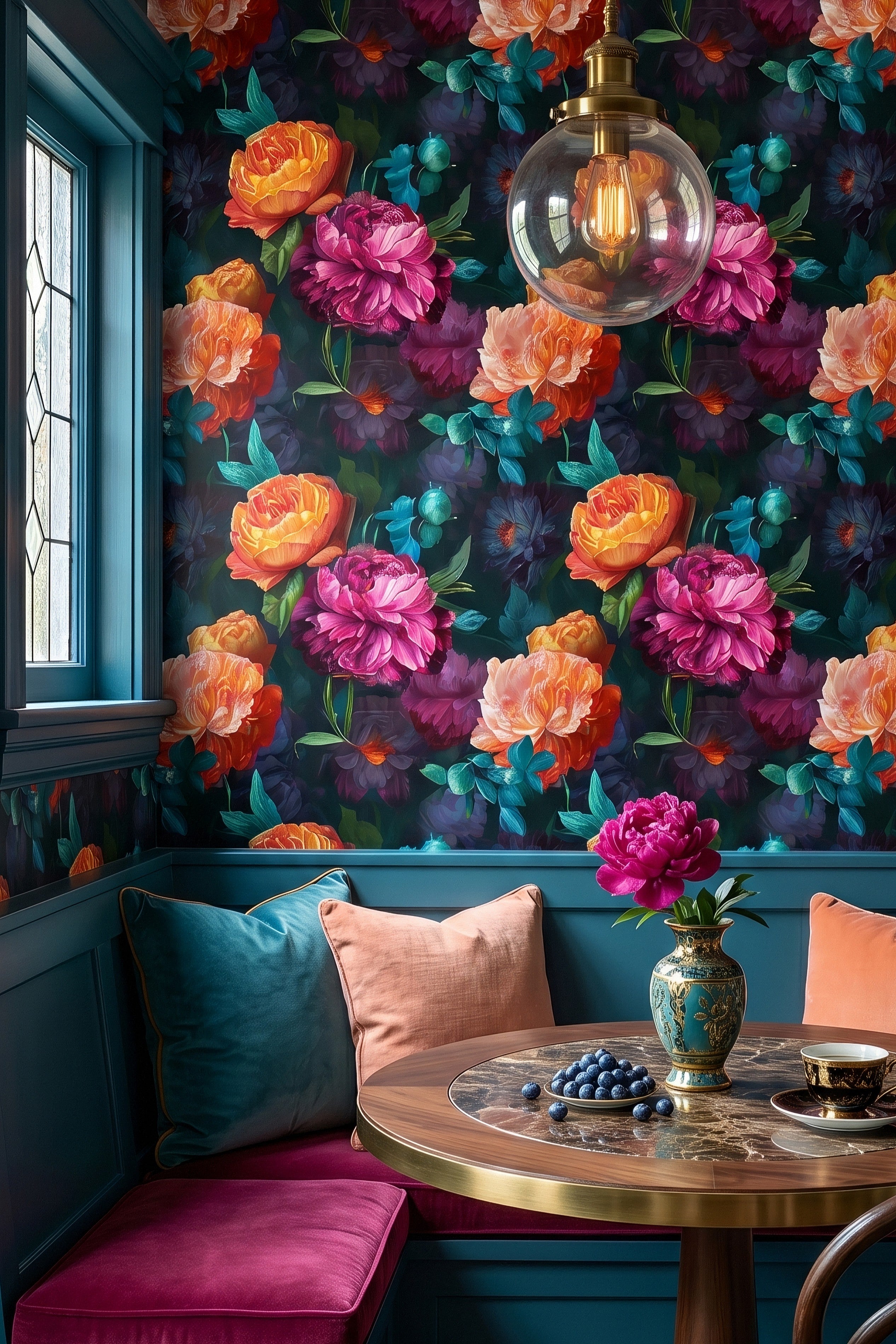 Dusk Peony wallpaper shown in a cozy nook