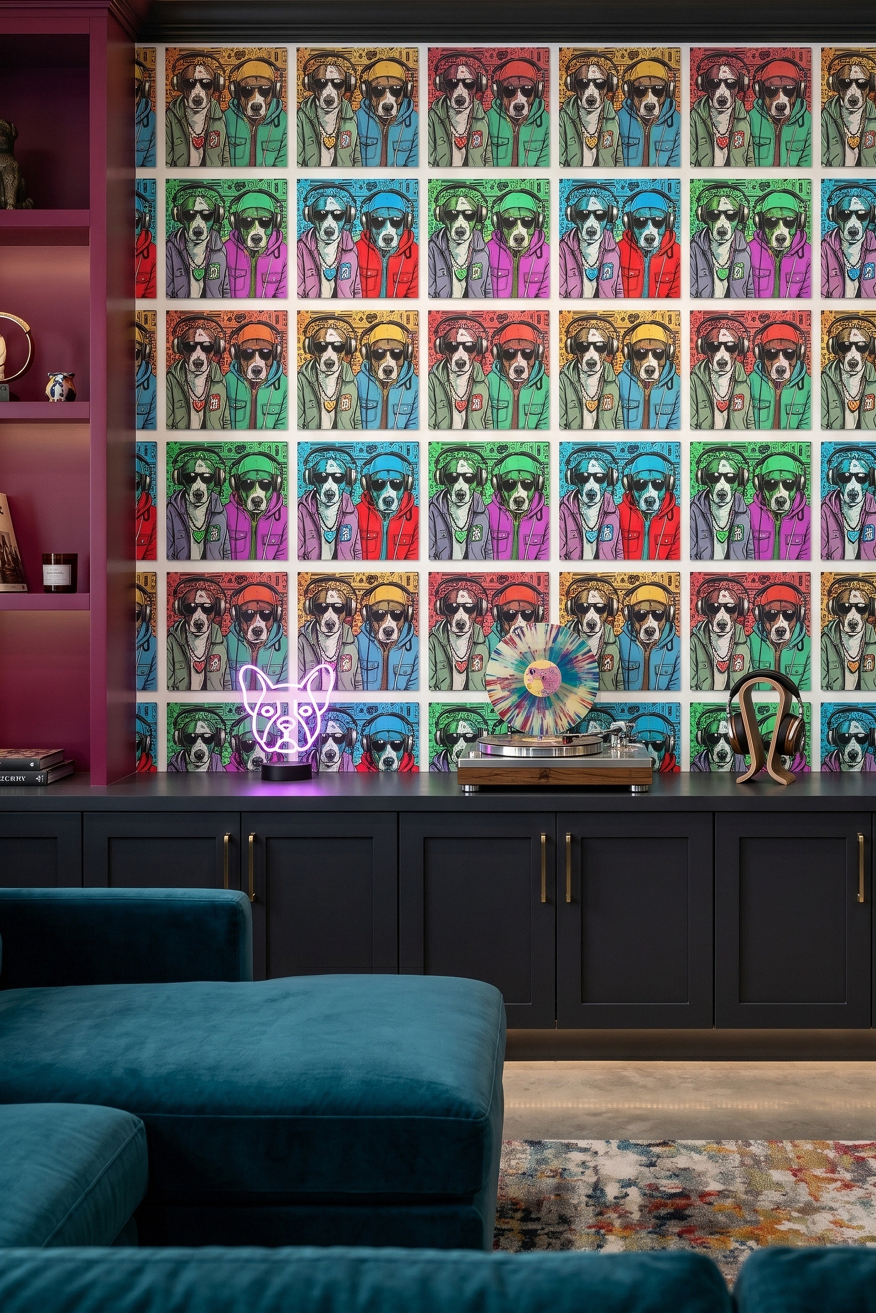 Party Animal wallpaper shown in a media room