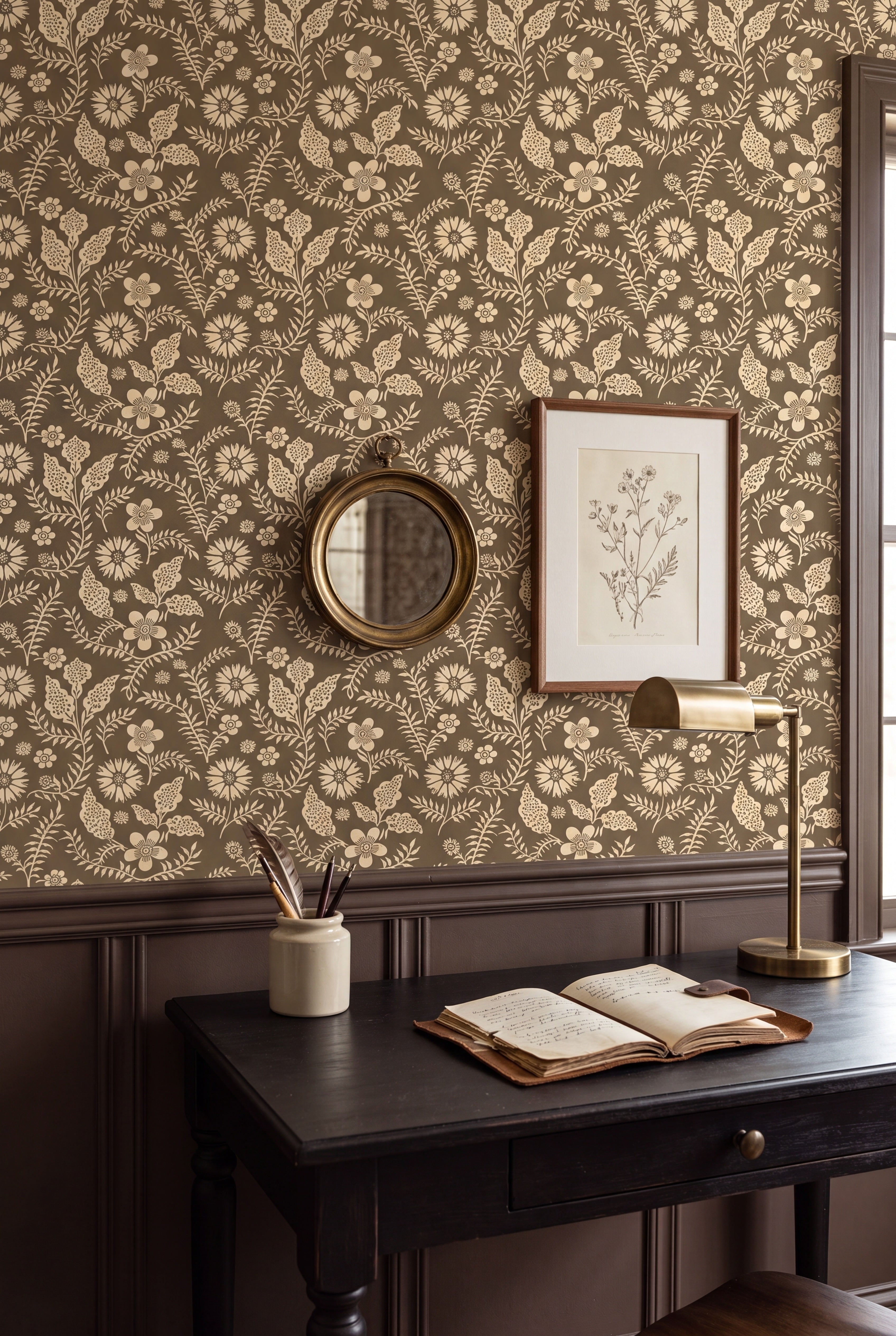 Nordic Bloom wallpaper shown in a home office