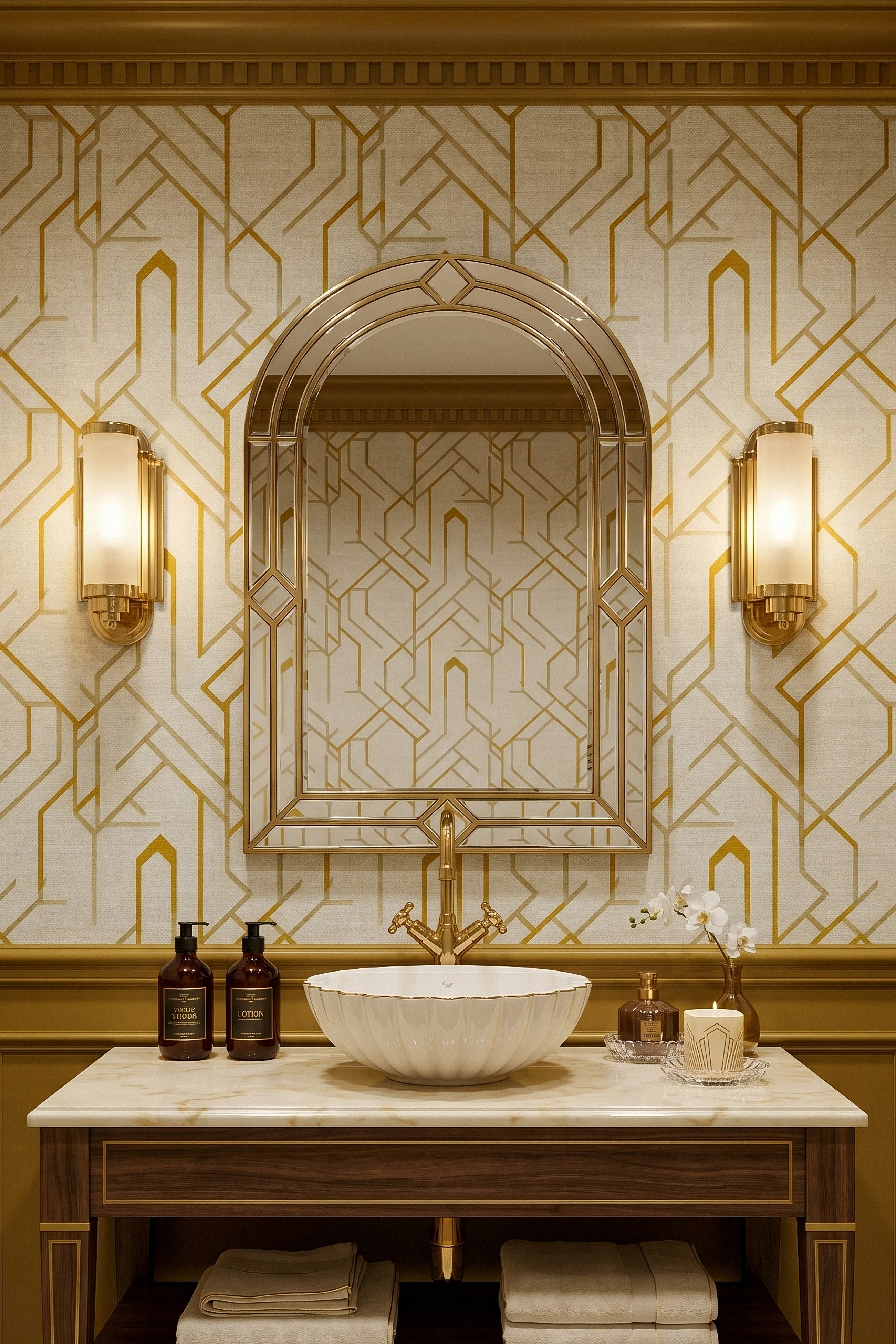 Gilded Age wallpaper shown in a powder room
