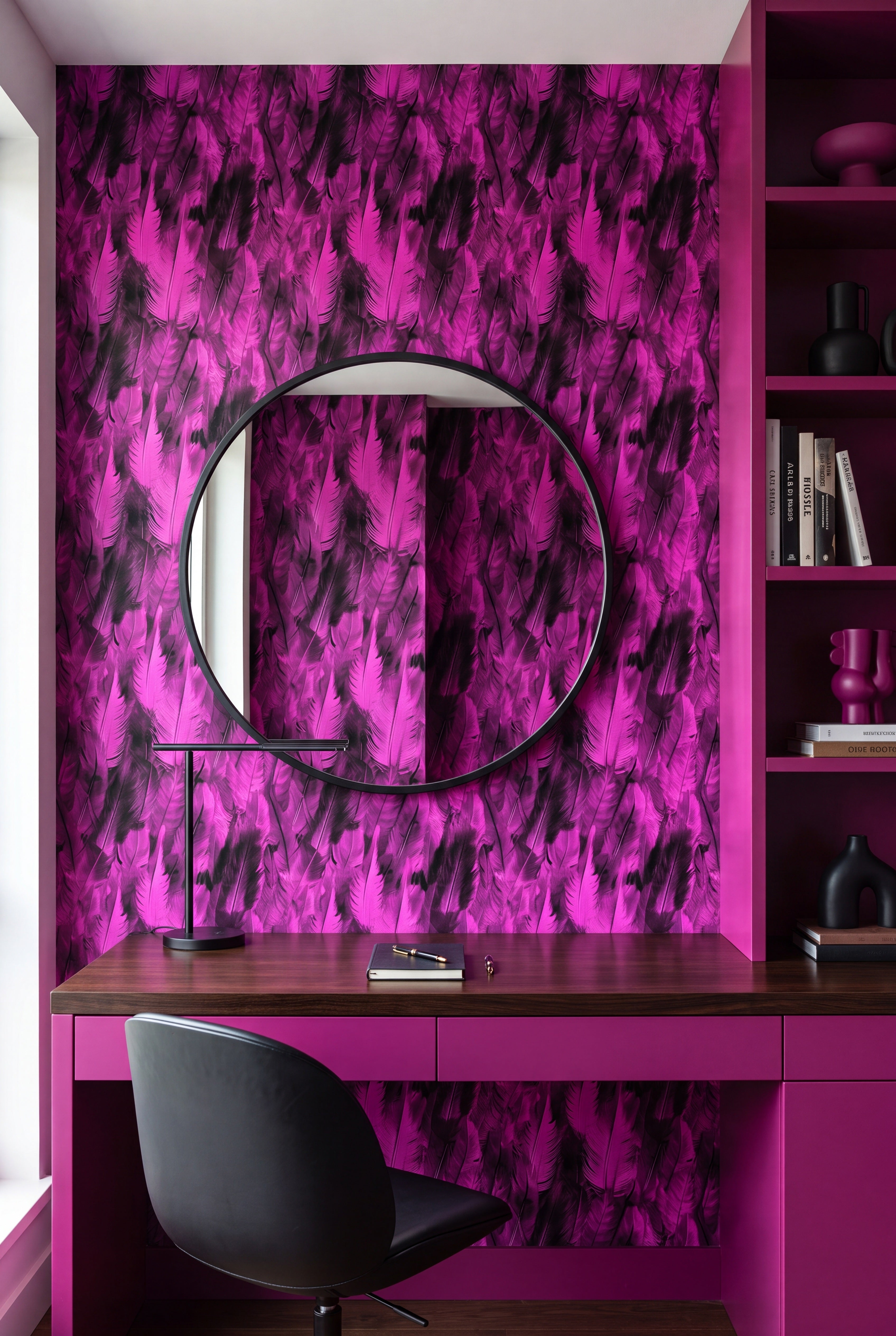 Fuchsia Flight wallpaper shown in a home office