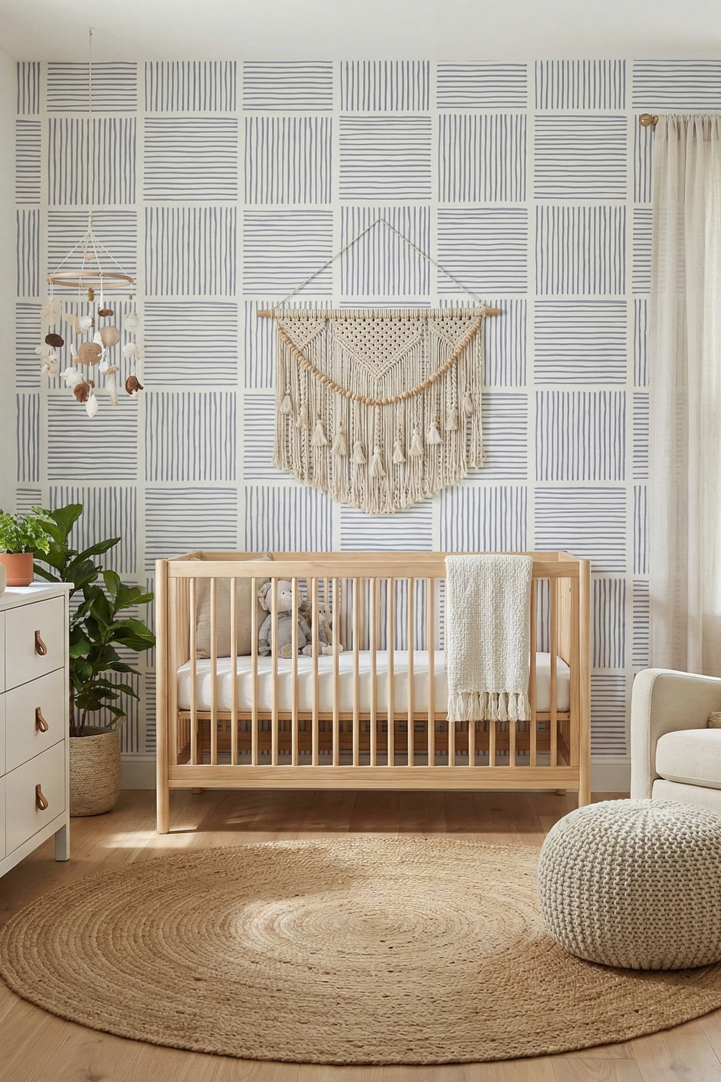Boardwalk Stripe wallpaper shown in a nursery