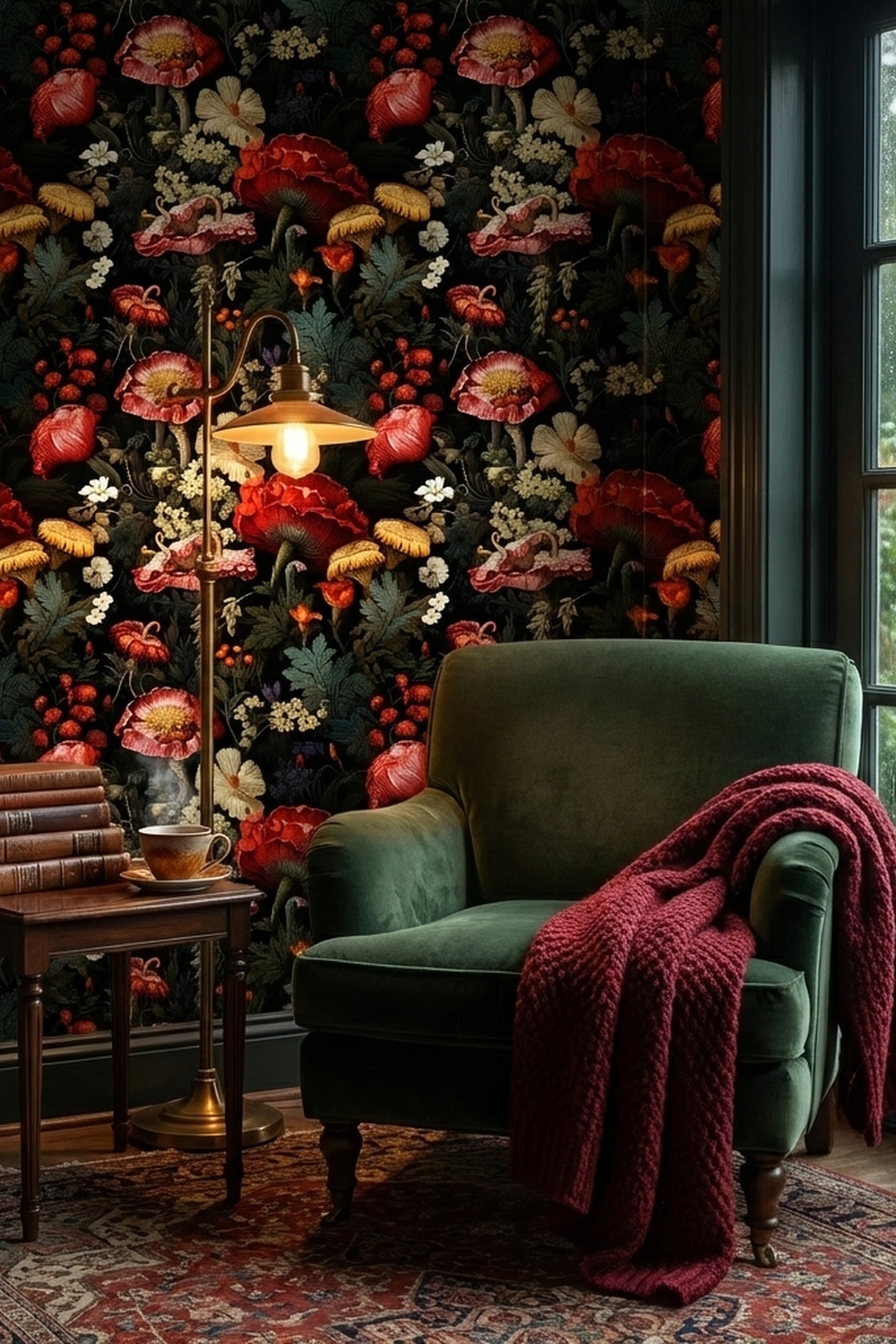 Scarlet Meadow wallpaper shown in a reading corner