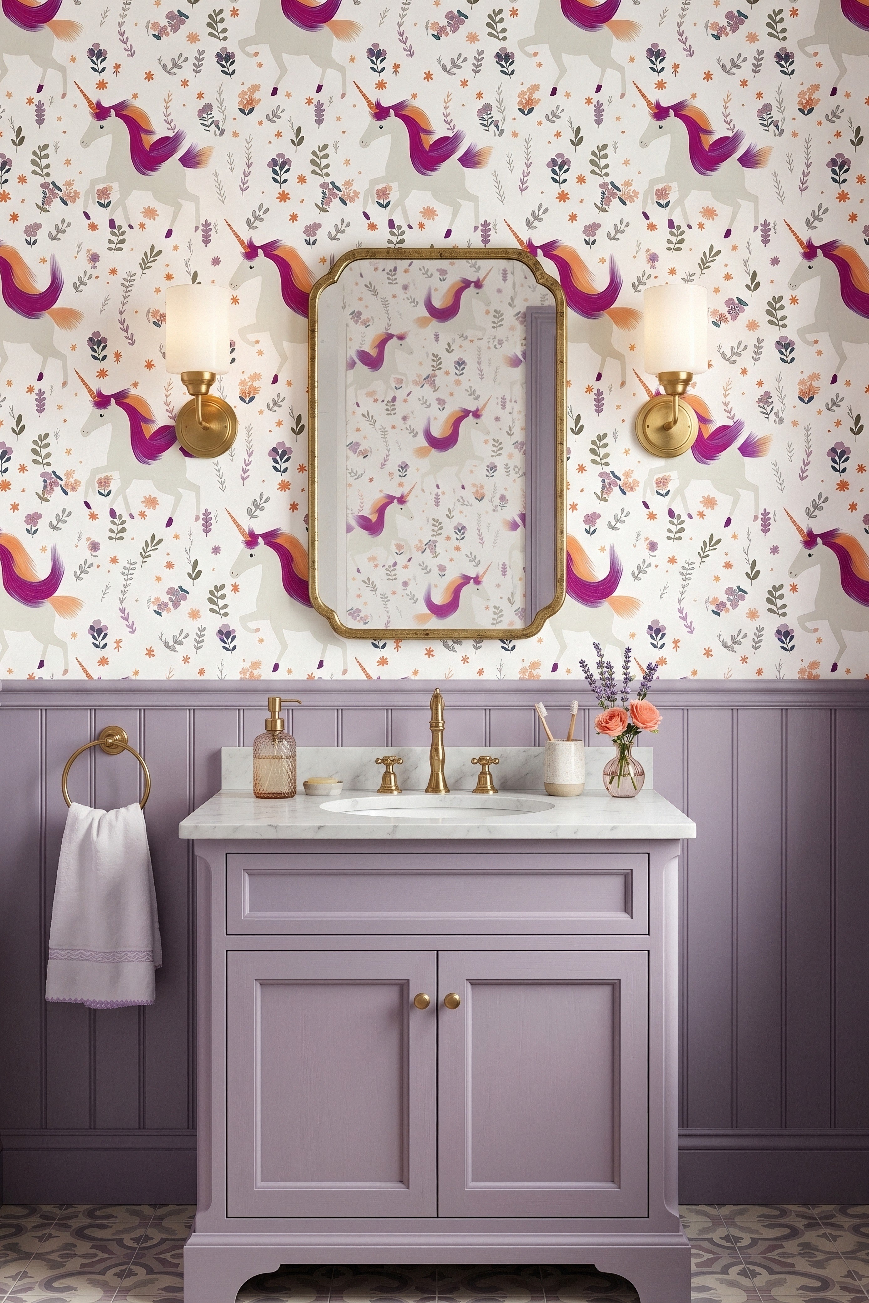 Unicorn Meadow wallpaper shown in a powder room