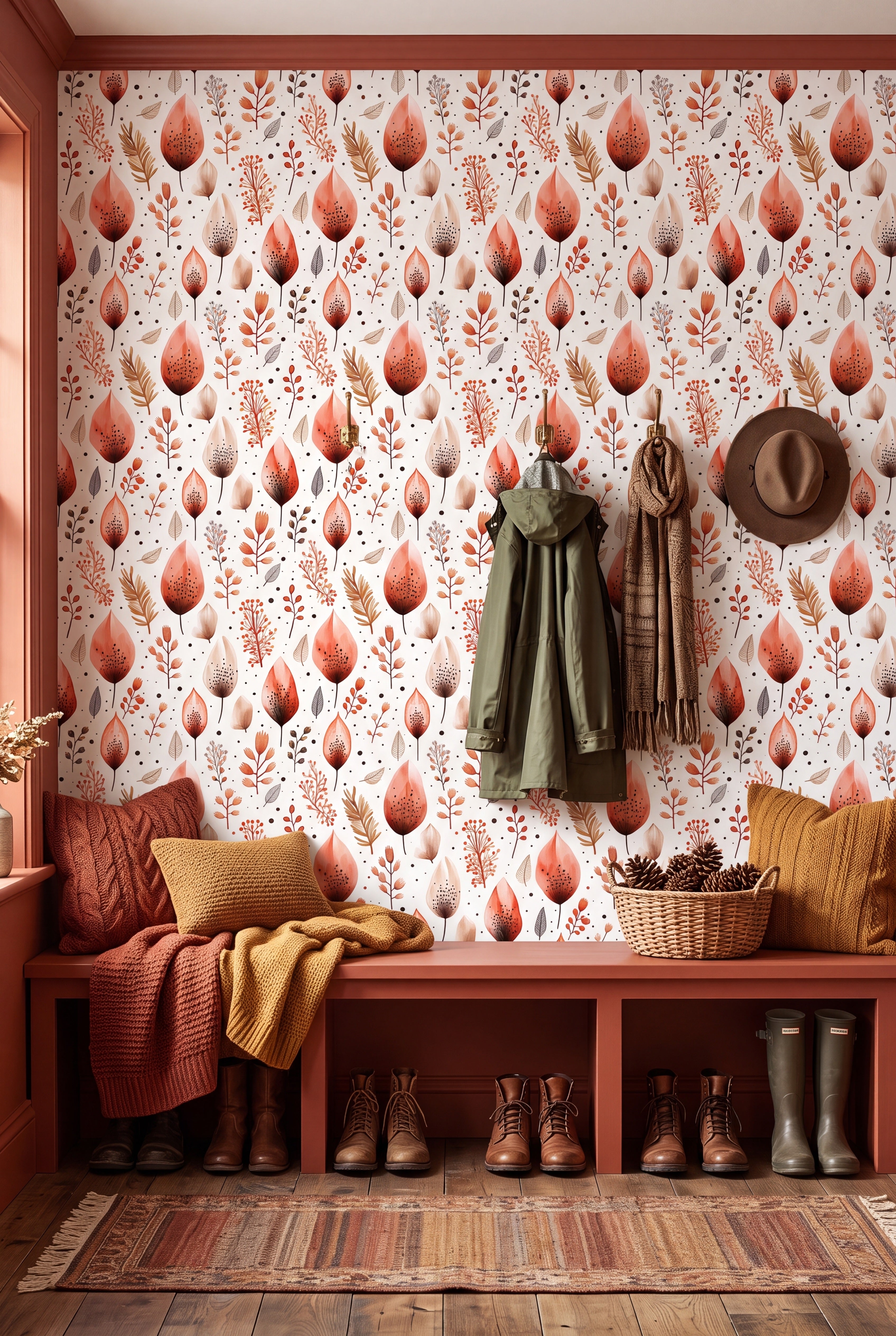 Autumn Ember wallpaper shown in a mudroom