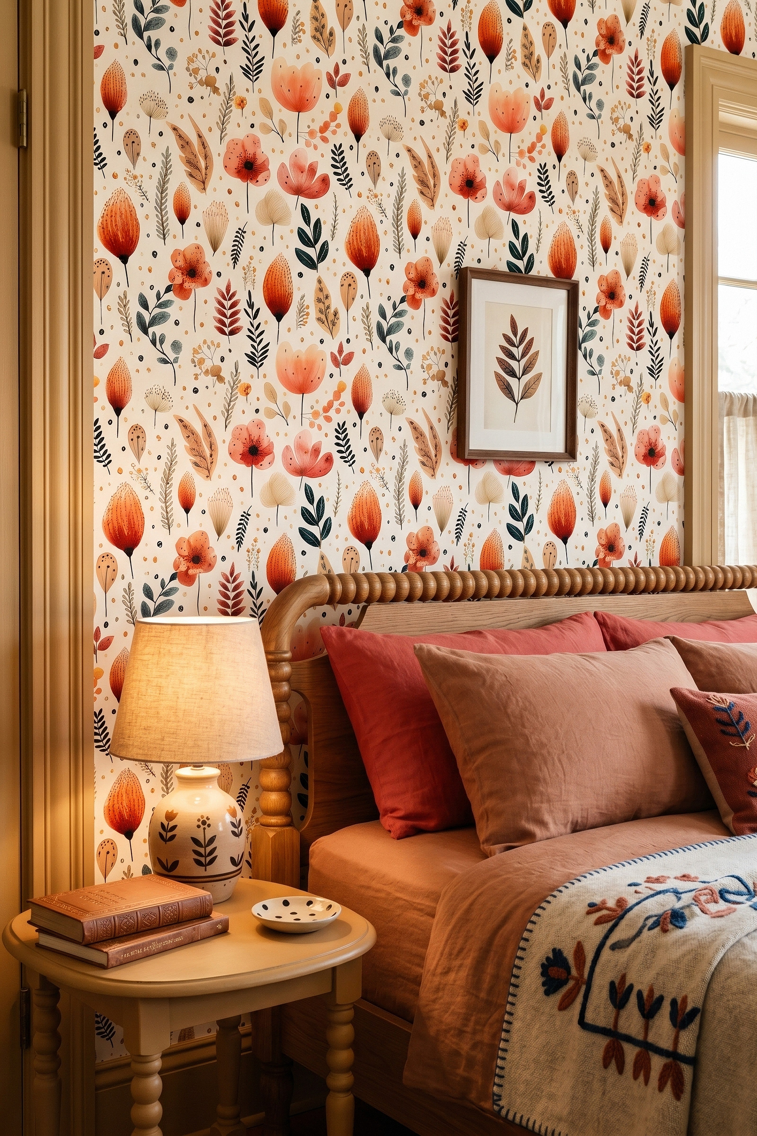 Clay Meadow wallpaper shown in a bedroom