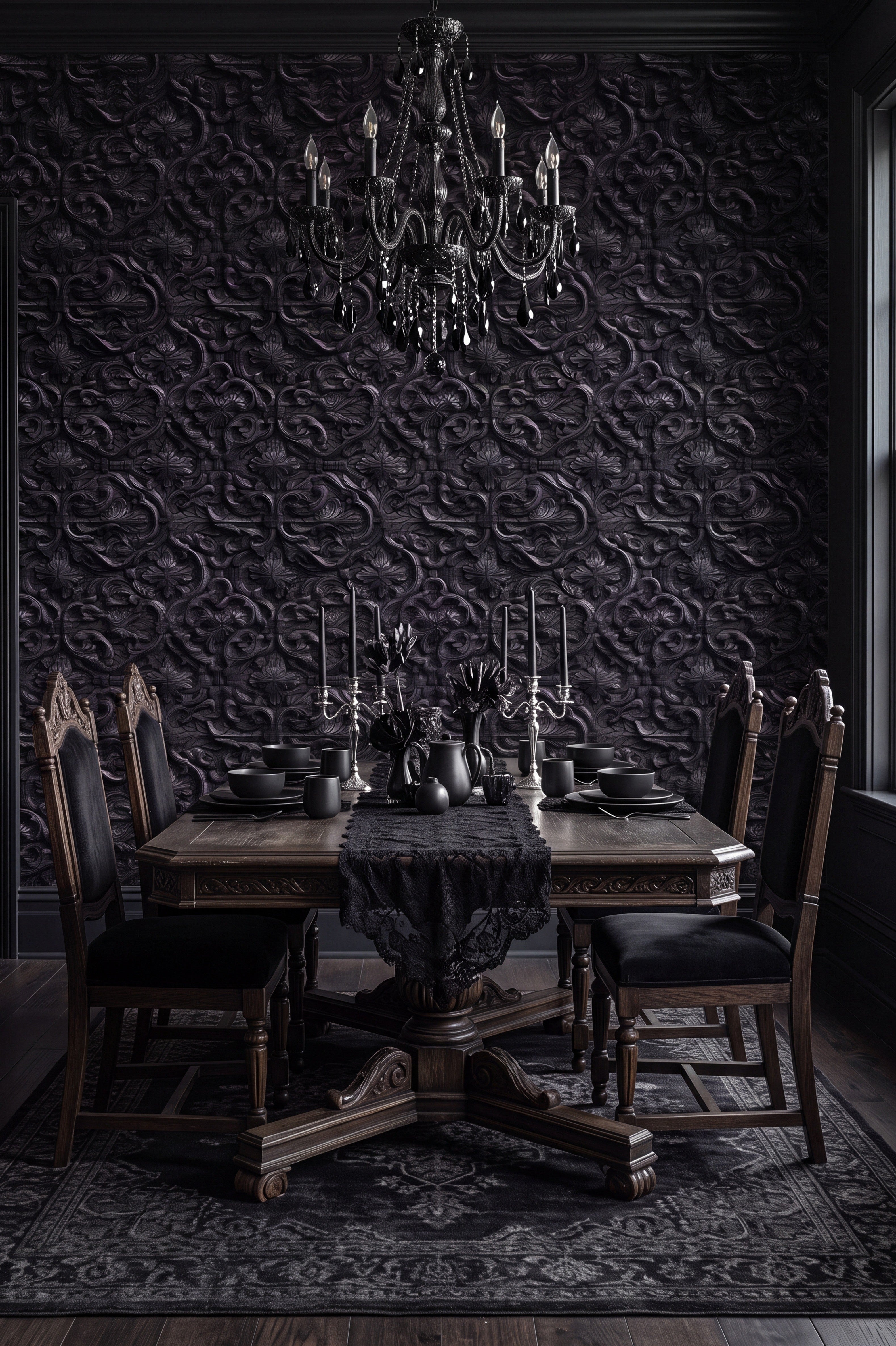 Iron Lace wallpaper shown in a dining room