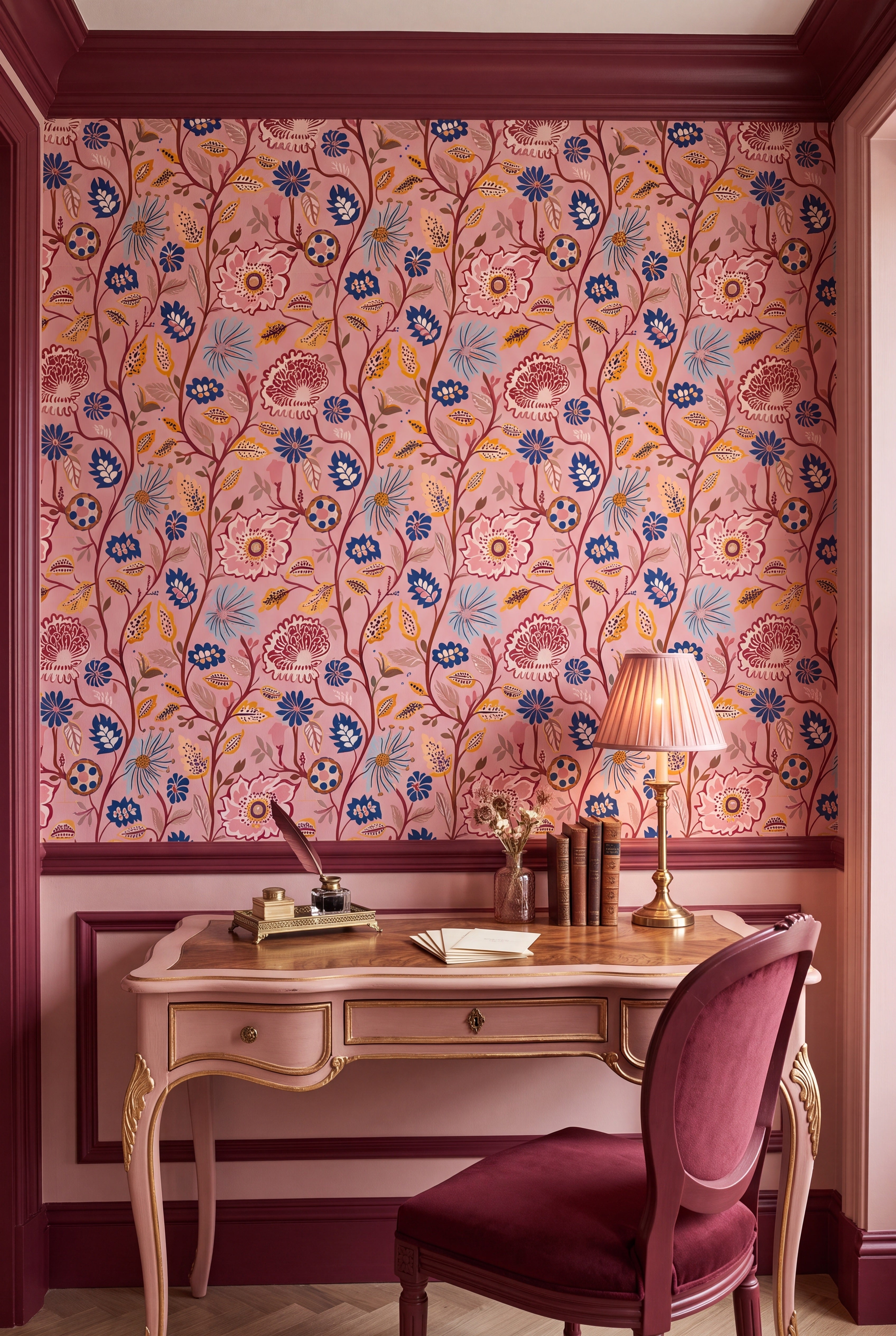 Rosewater Manor wallpaper shown in a home office