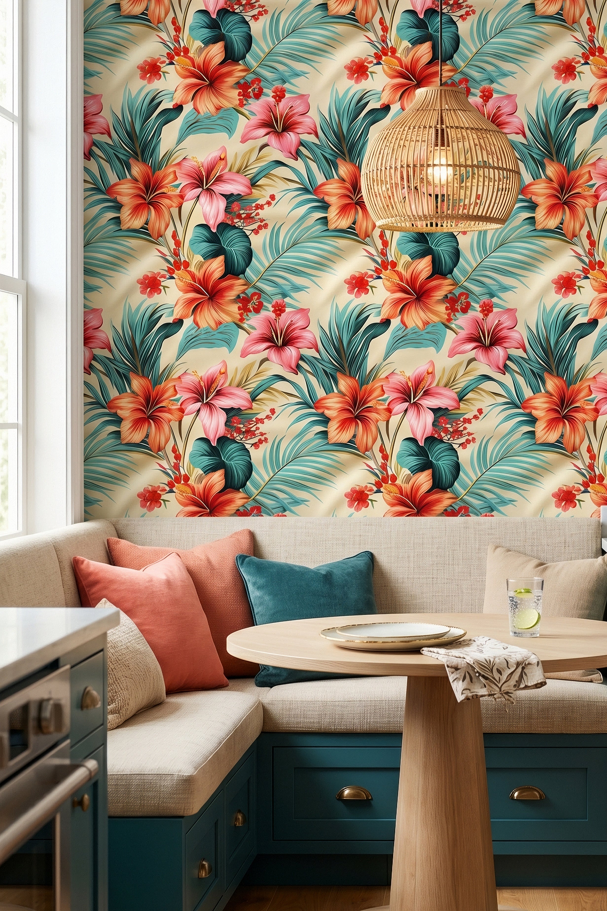 Hibiscus Holiday wallpaper shown in a cozy nook