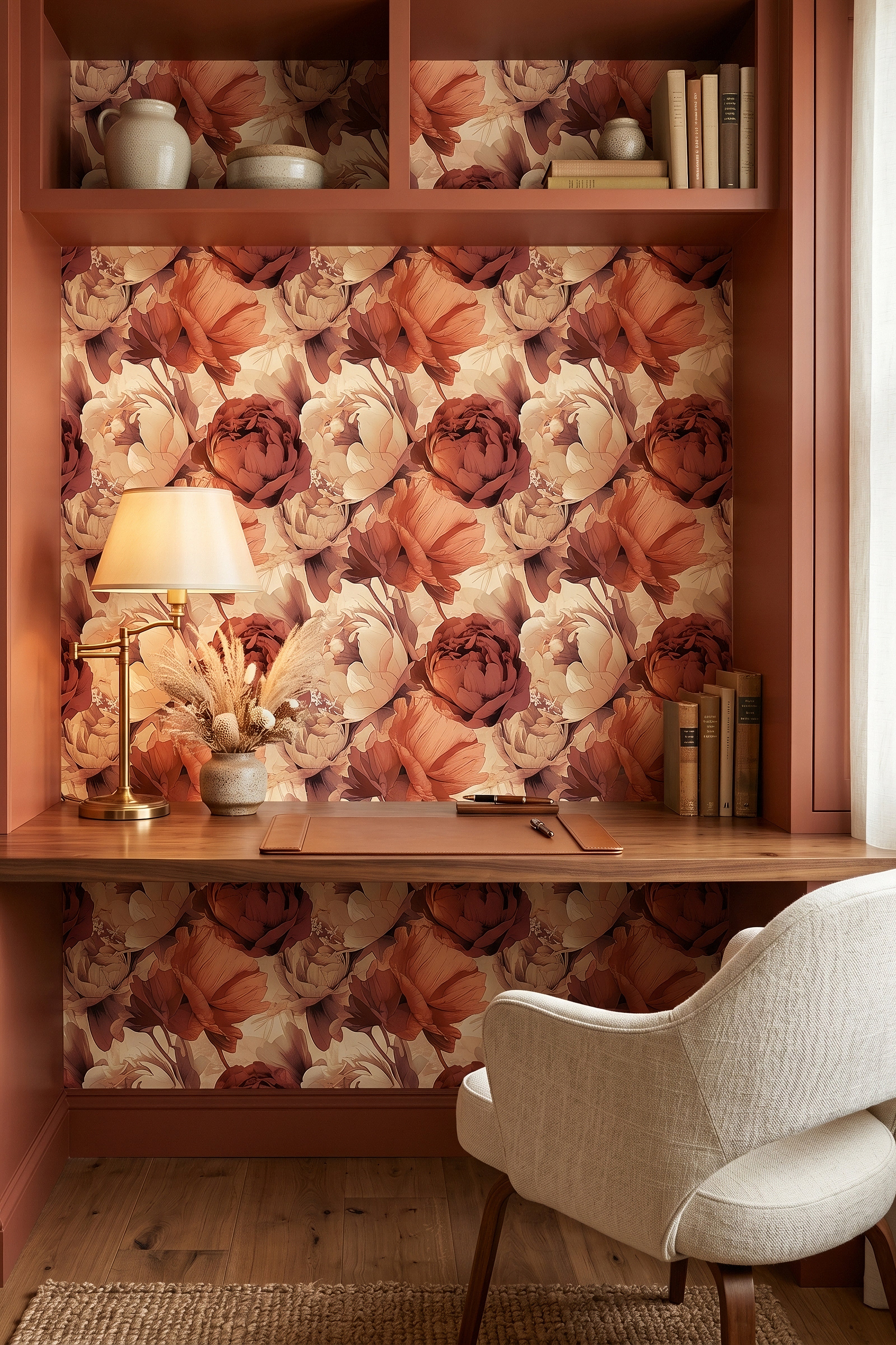 Amber Peony wallpaper shown in a home office