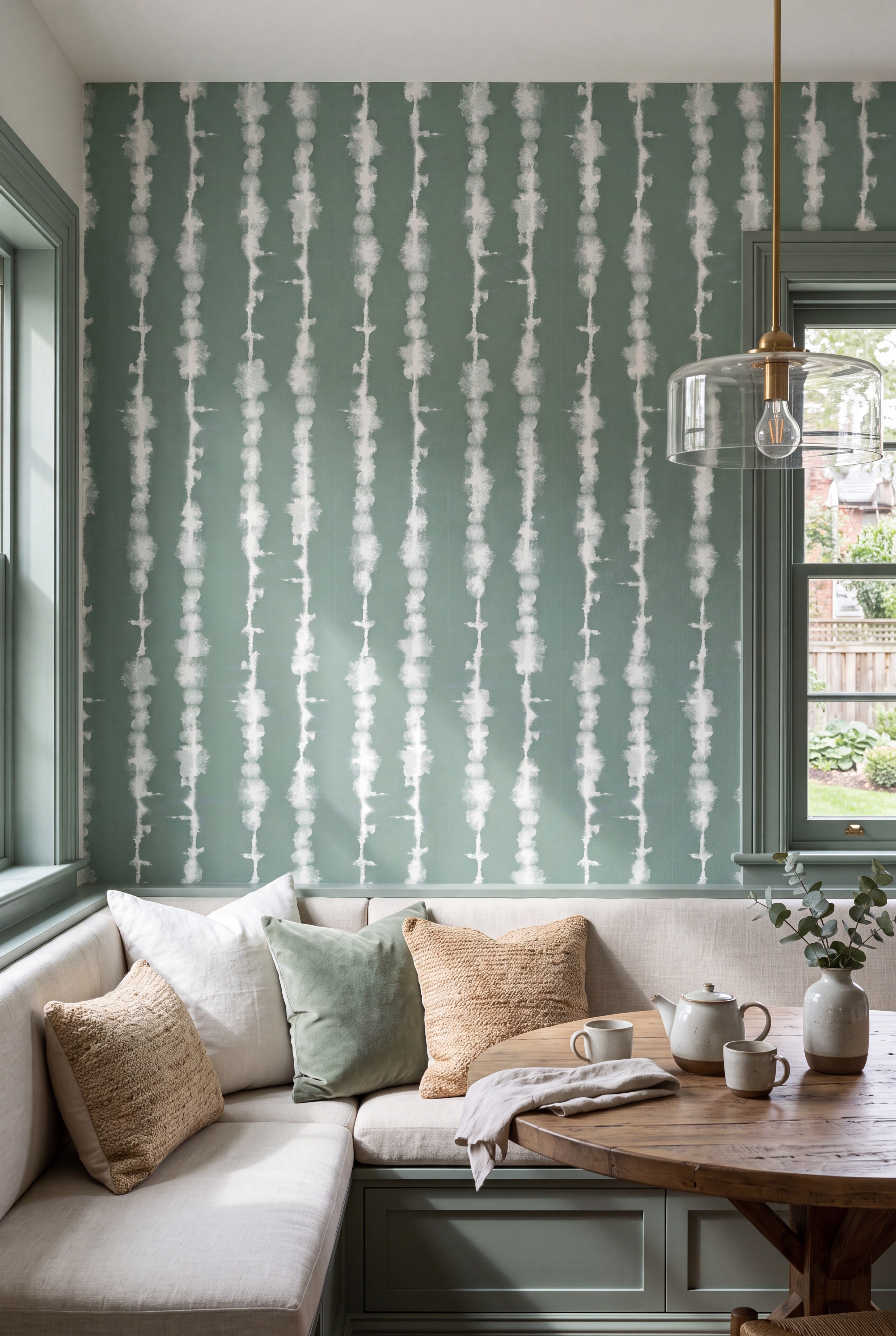 Sage Stripe wallpaper shown in a cozy nook