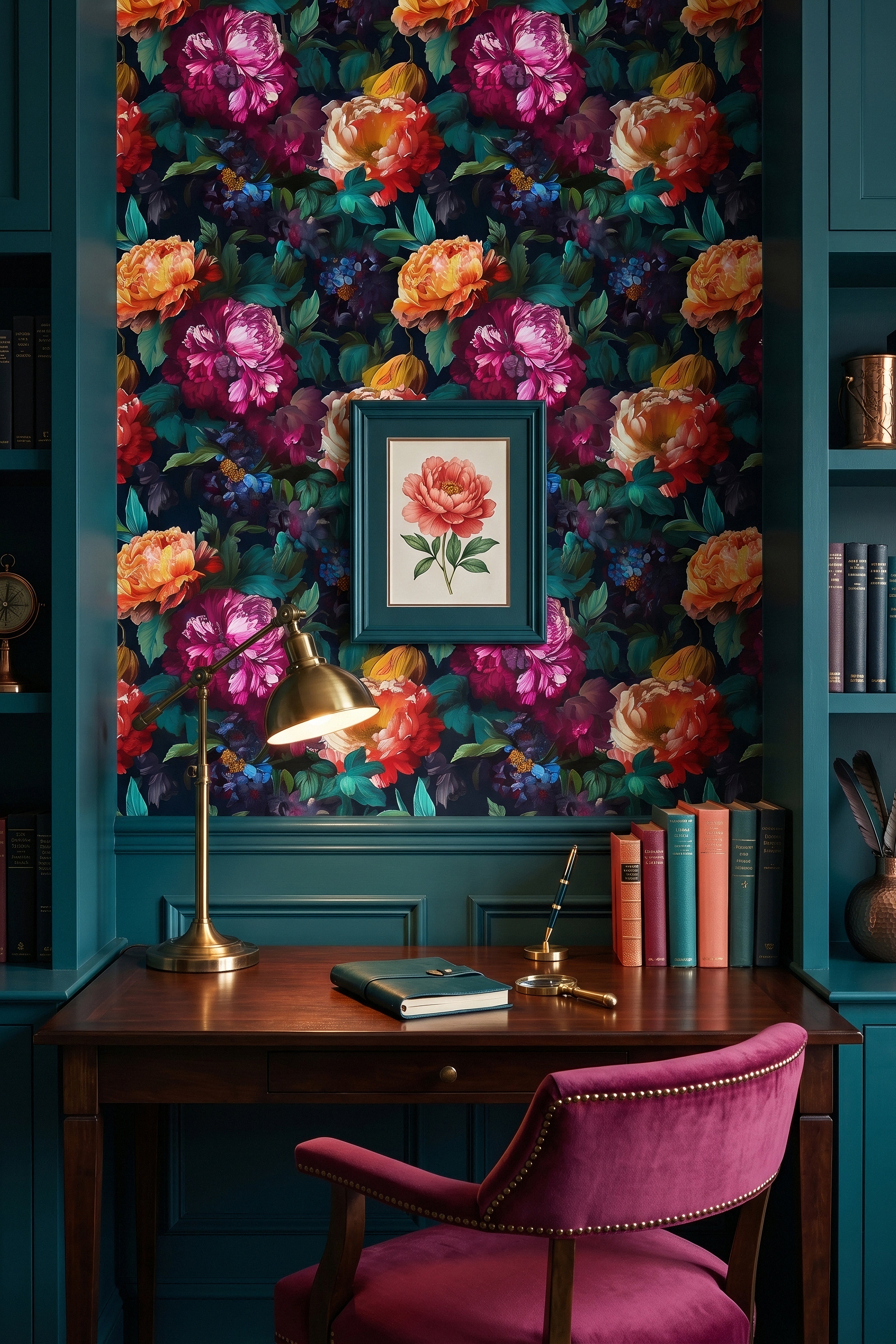 Moonflower wallpaper shown in a home office