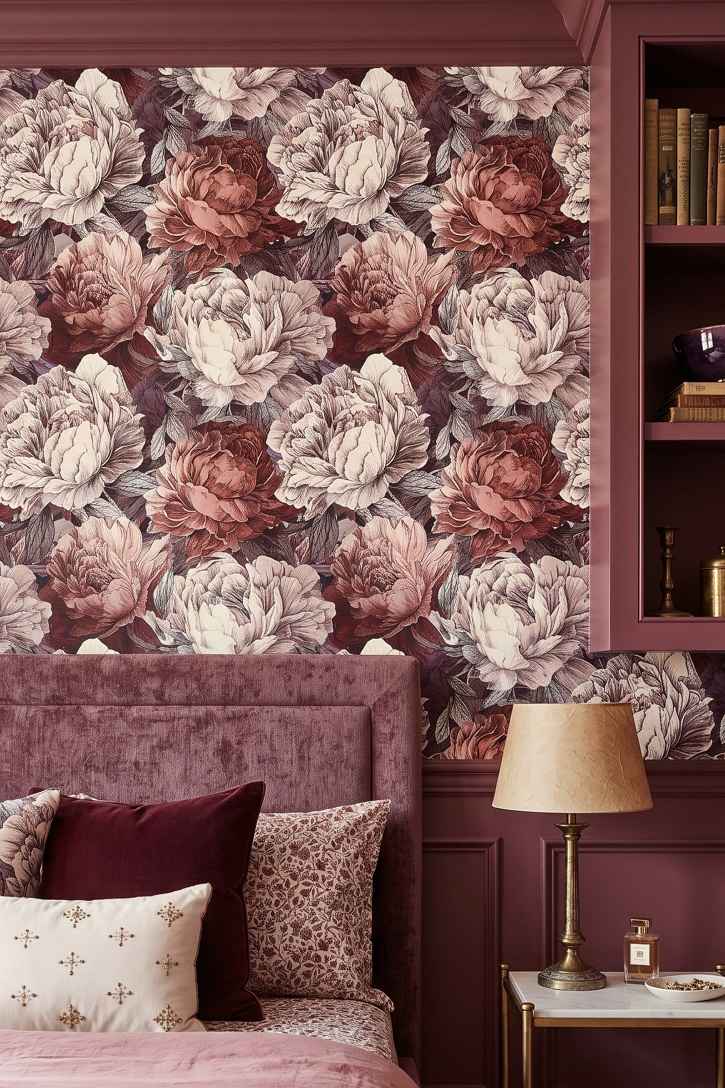 Phantom Peony wallpaper shown in a bedroom