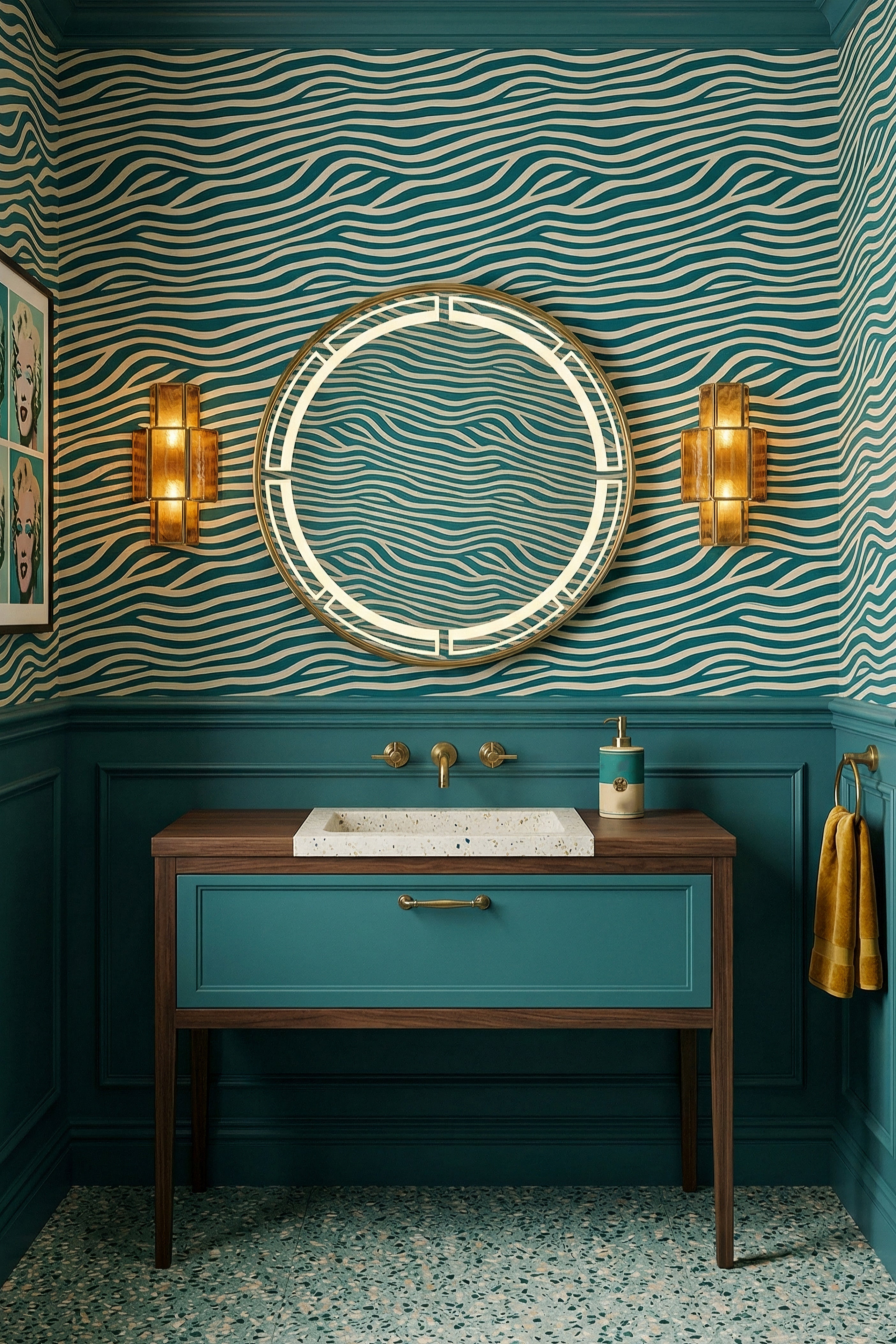 Green Room wallpaper shown in a powder room