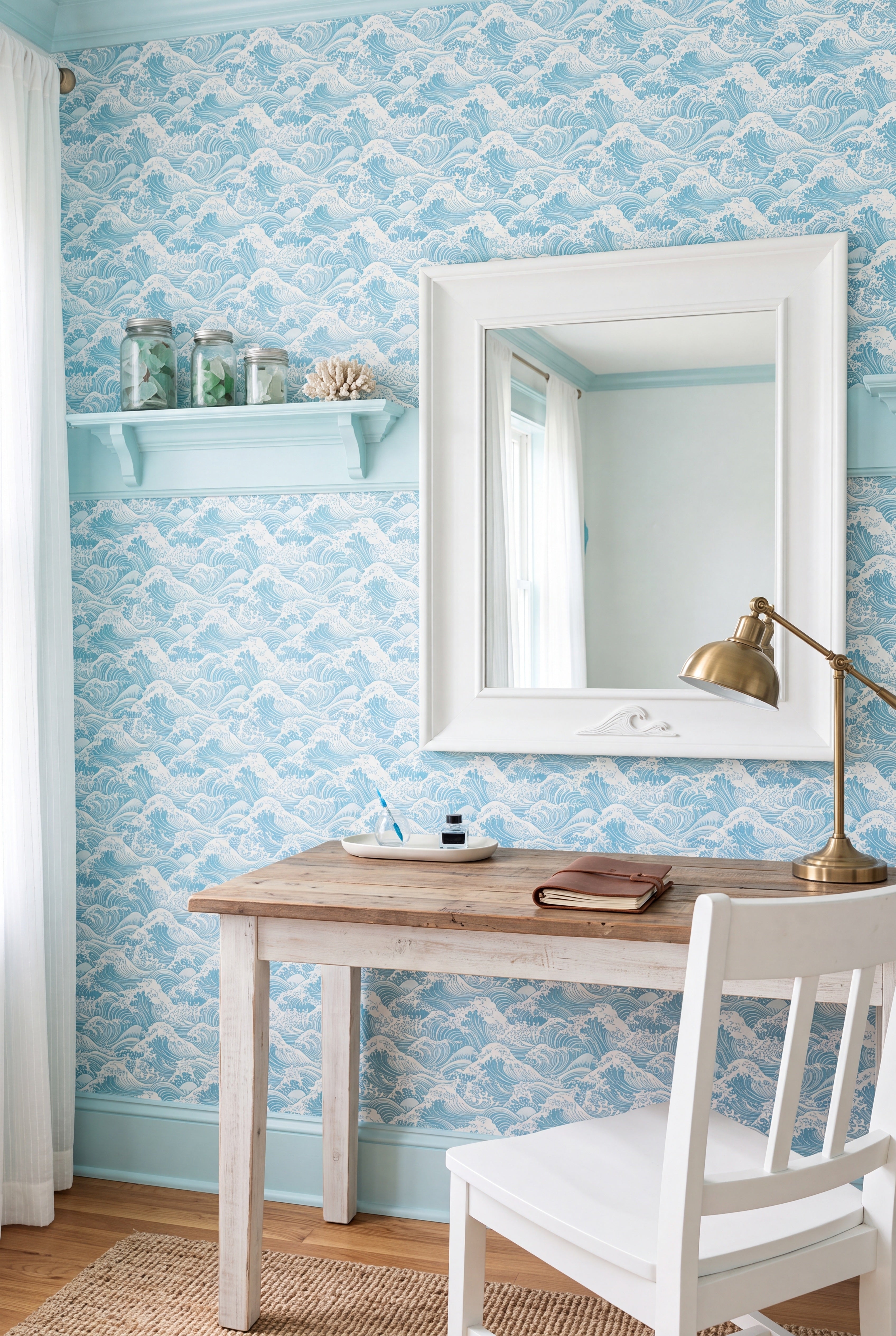Swell wallpaper shown in a home office