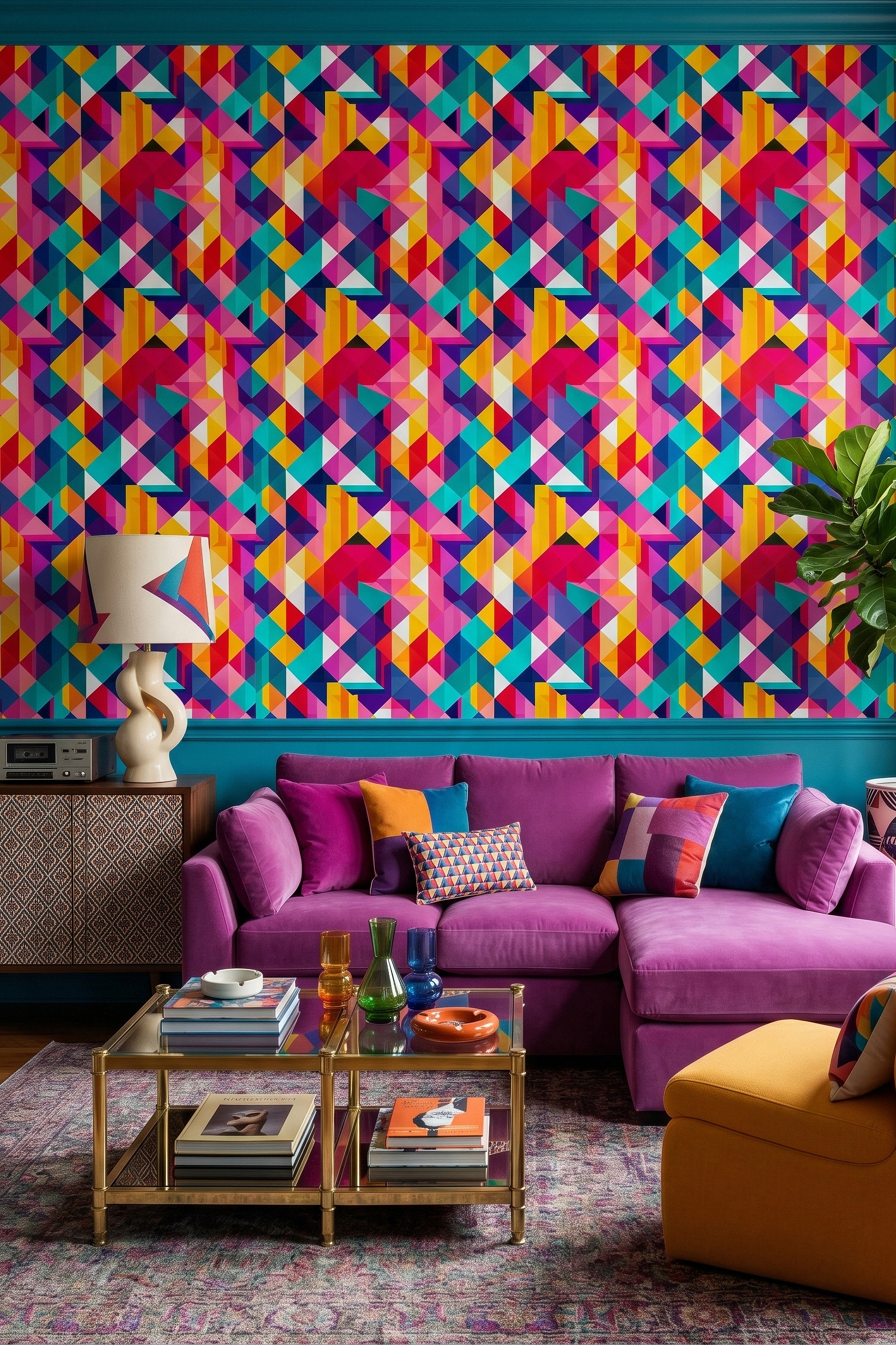 Kaleidoscope wallpaper shown in a living room