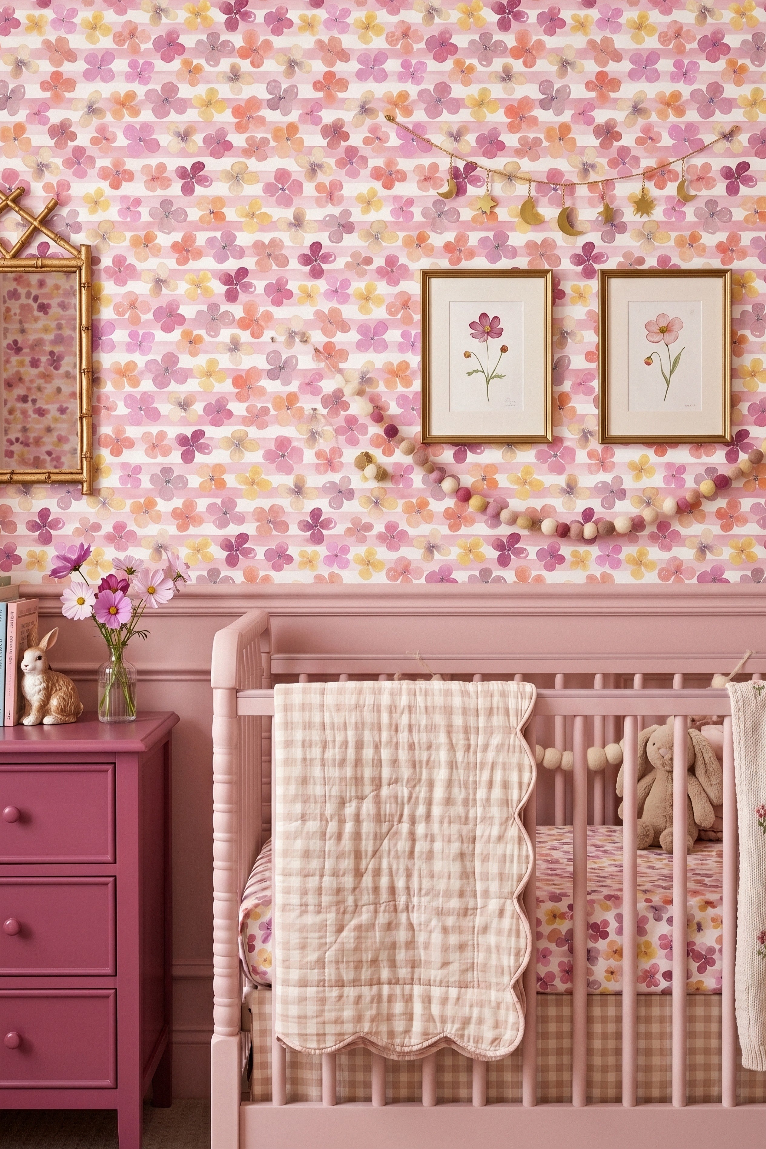 Garden Stripe wallpaper shown in a nursery