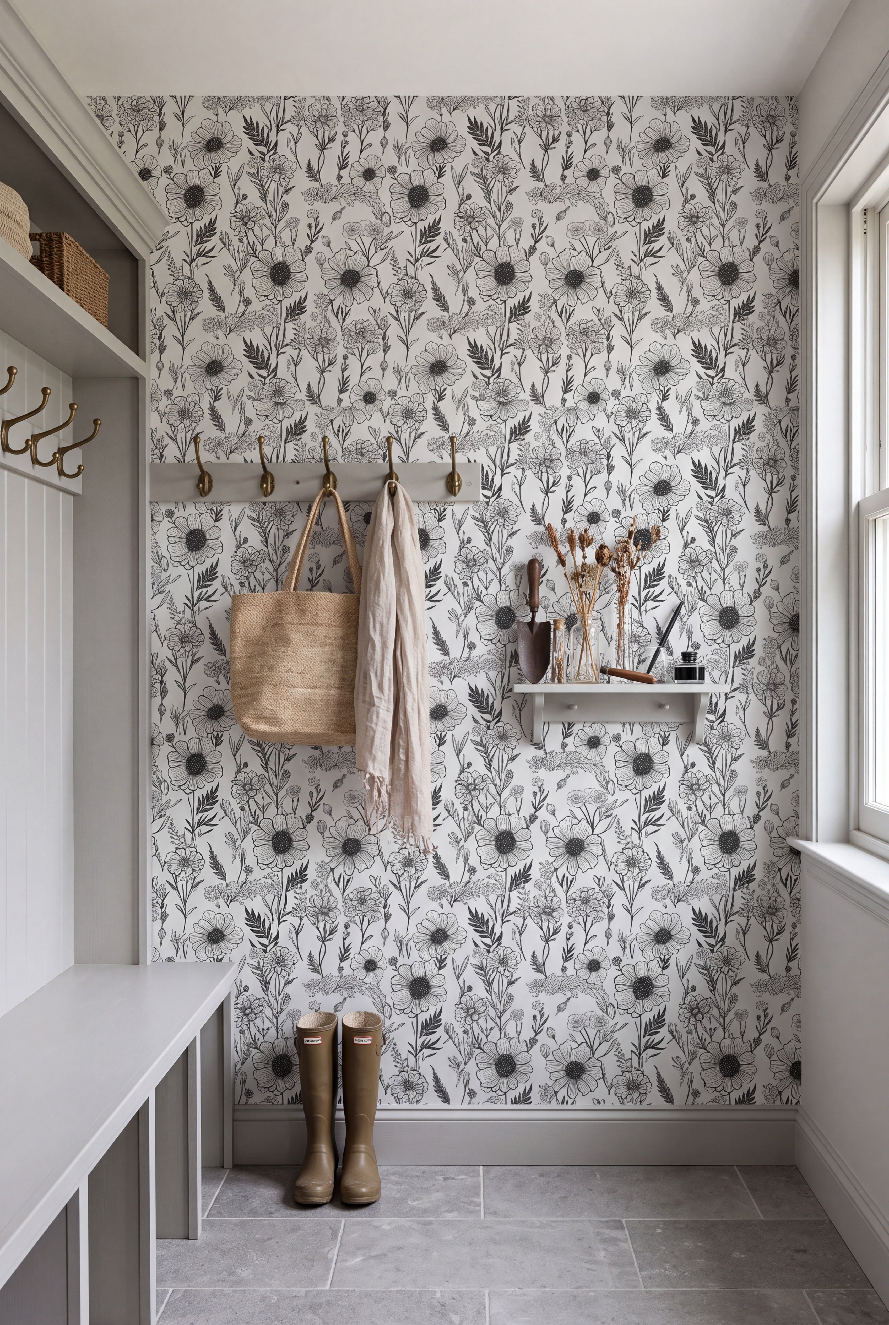 Etched Bloom wallpaper shown in a mudroom