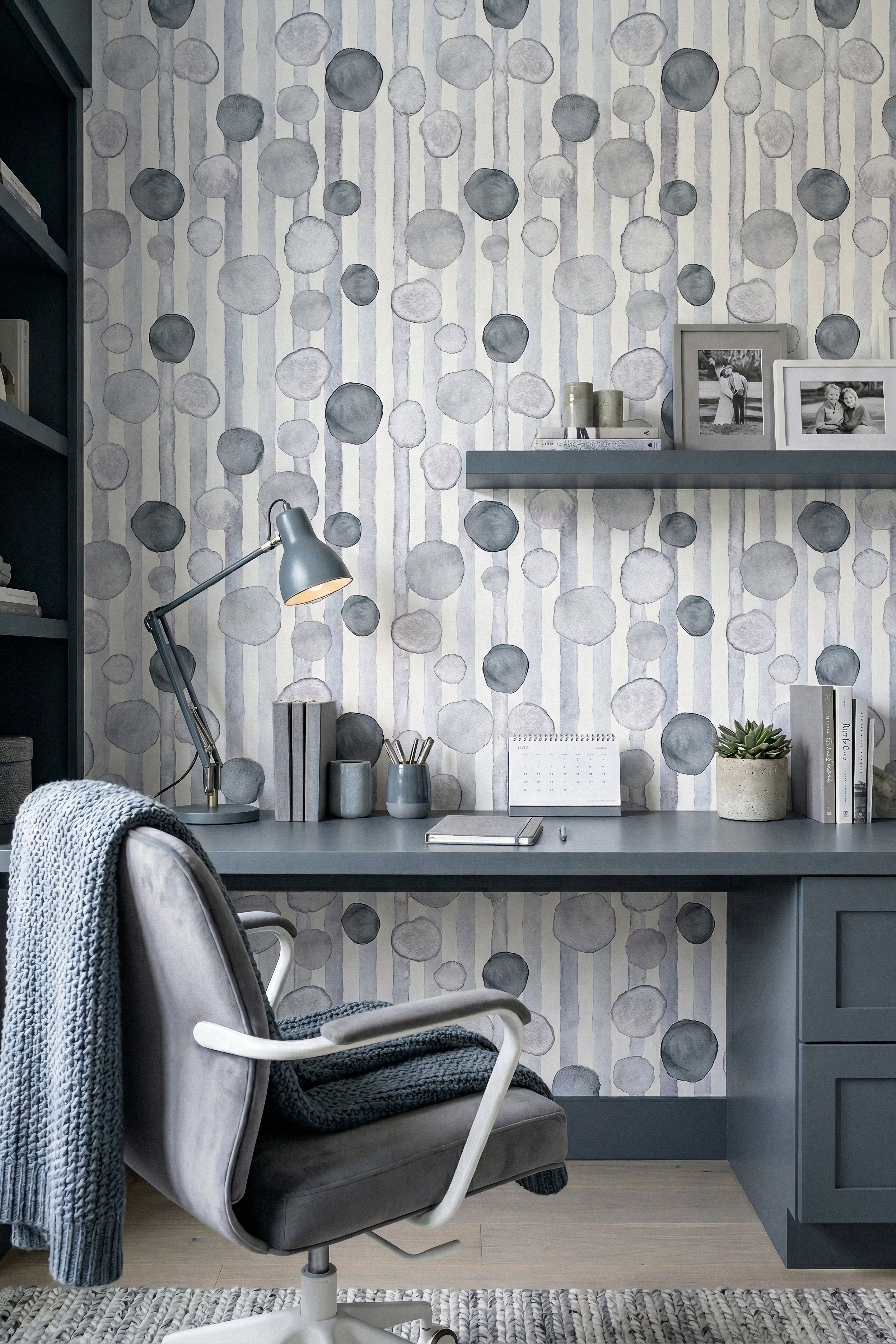 Pebble Dot wallpaper shown in a home office