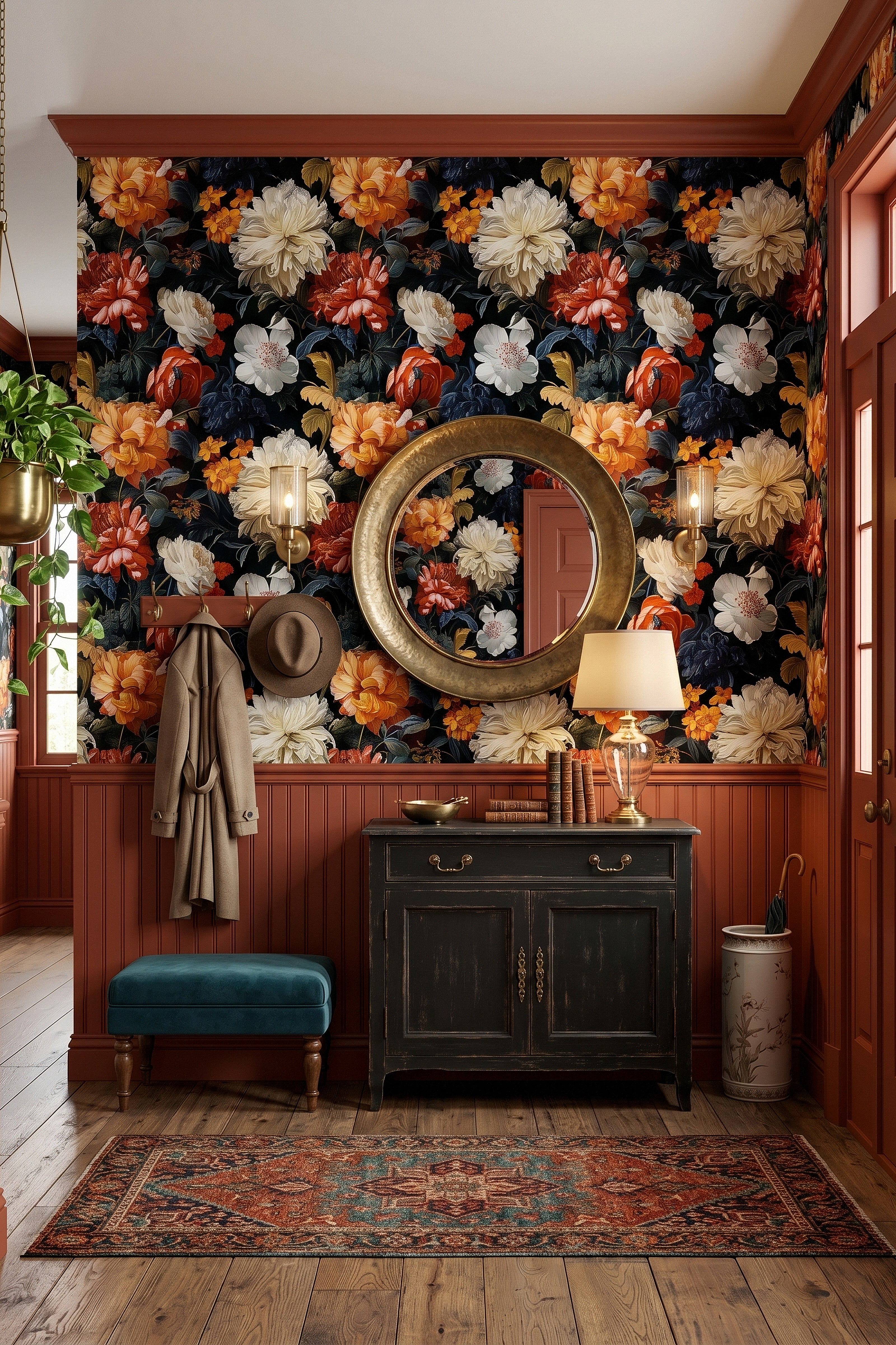 Night Flower wallpaper shown in an entryway
