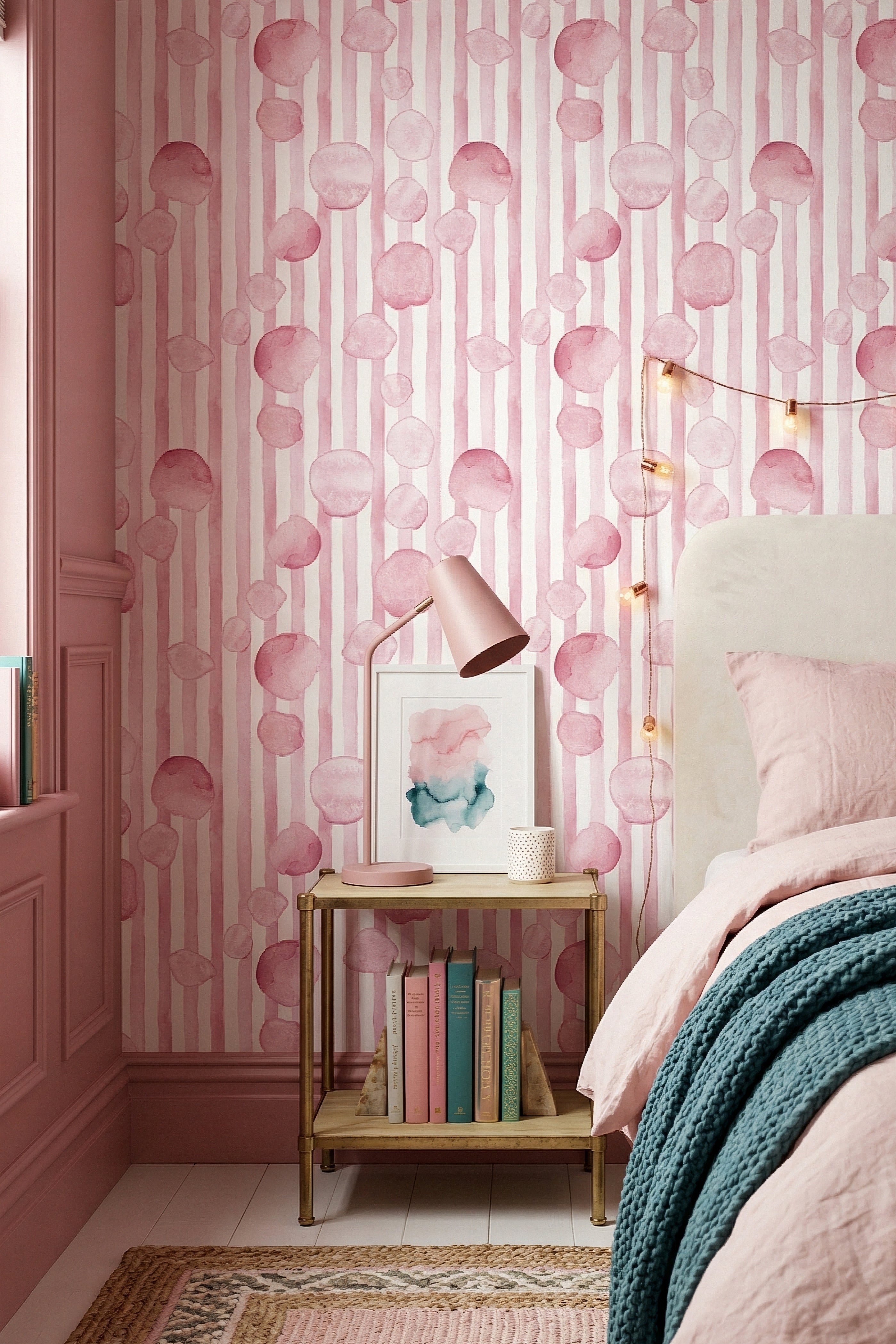 Dotty Stripe wallpaper shown in a bedroom