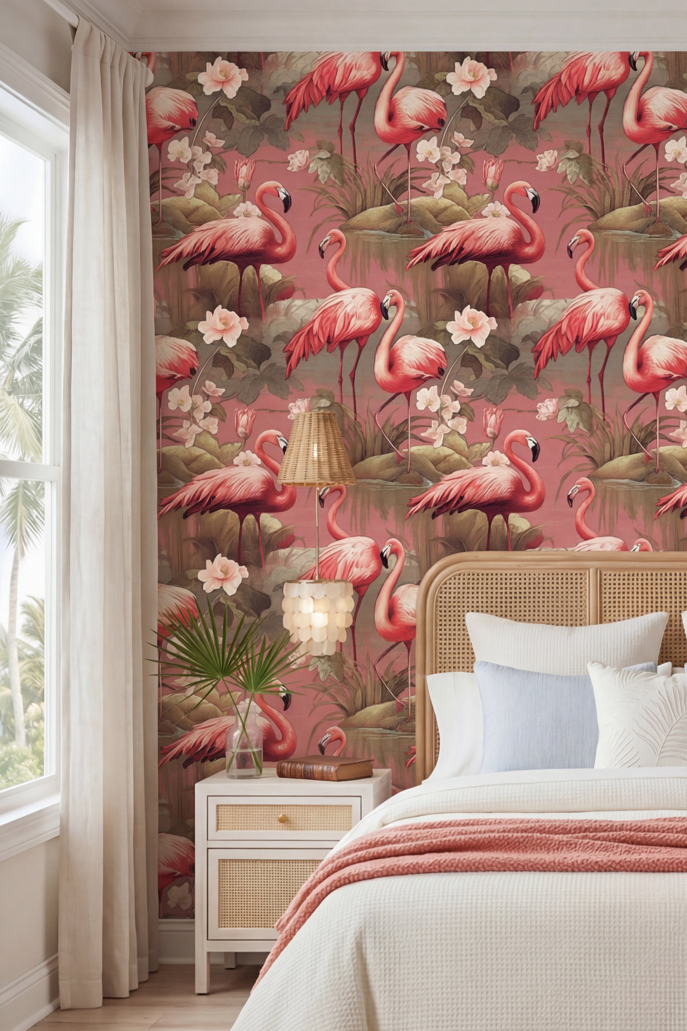 Flamingo Social wallpaper shown in a bedroom
