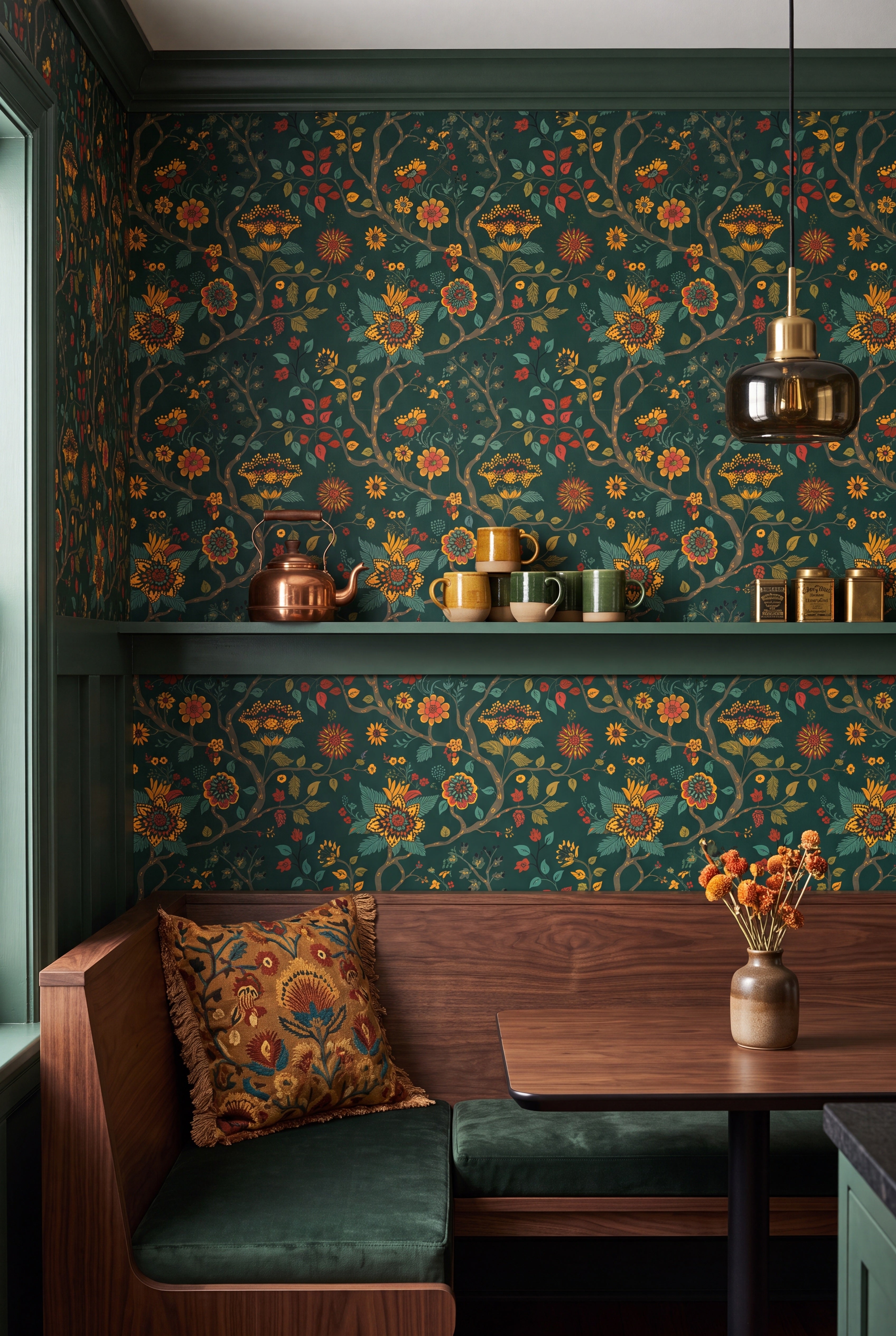 Evergreen Folk wallpaper shown in a cozy nook
