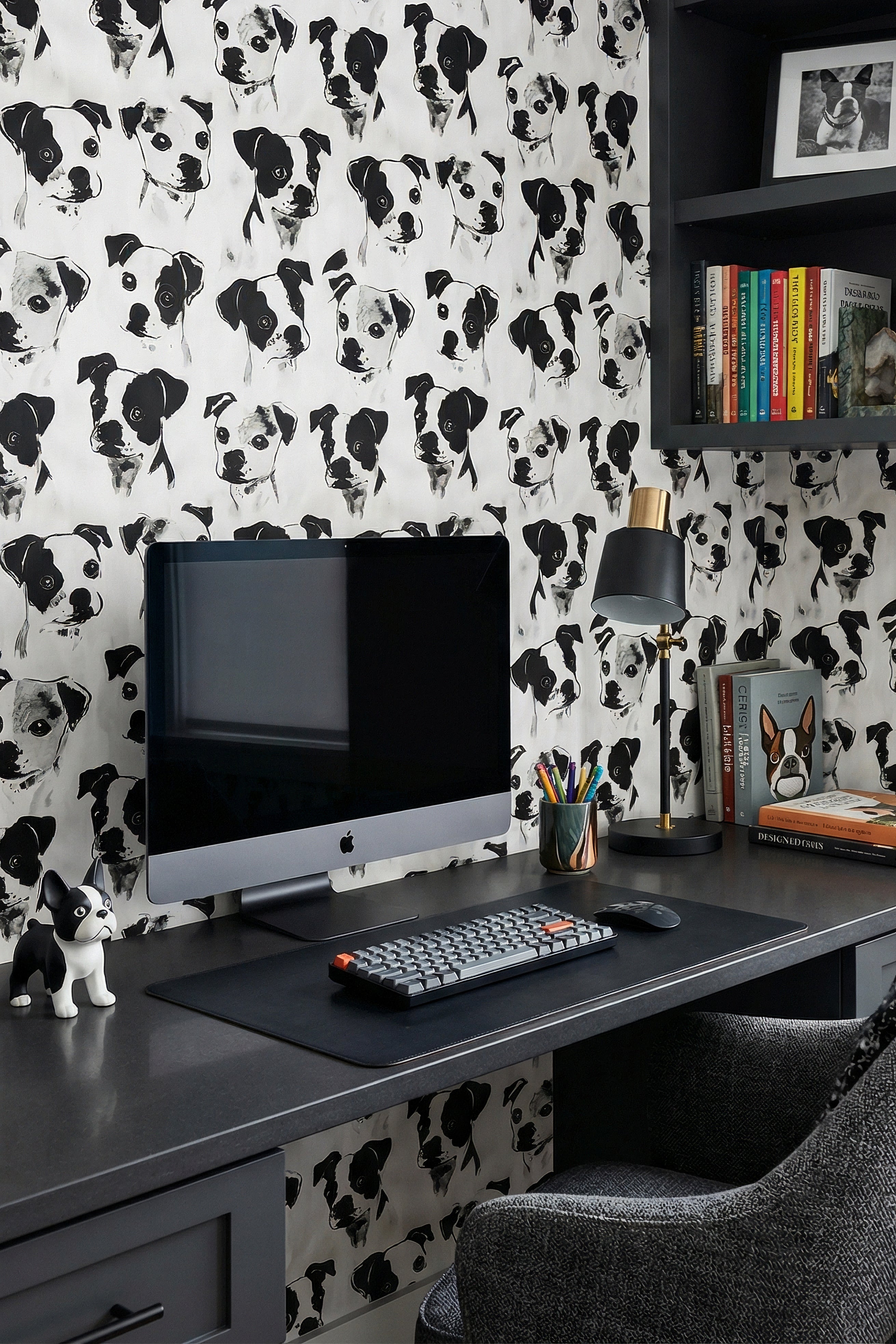 Pup Culture wallpaper shown in a home office