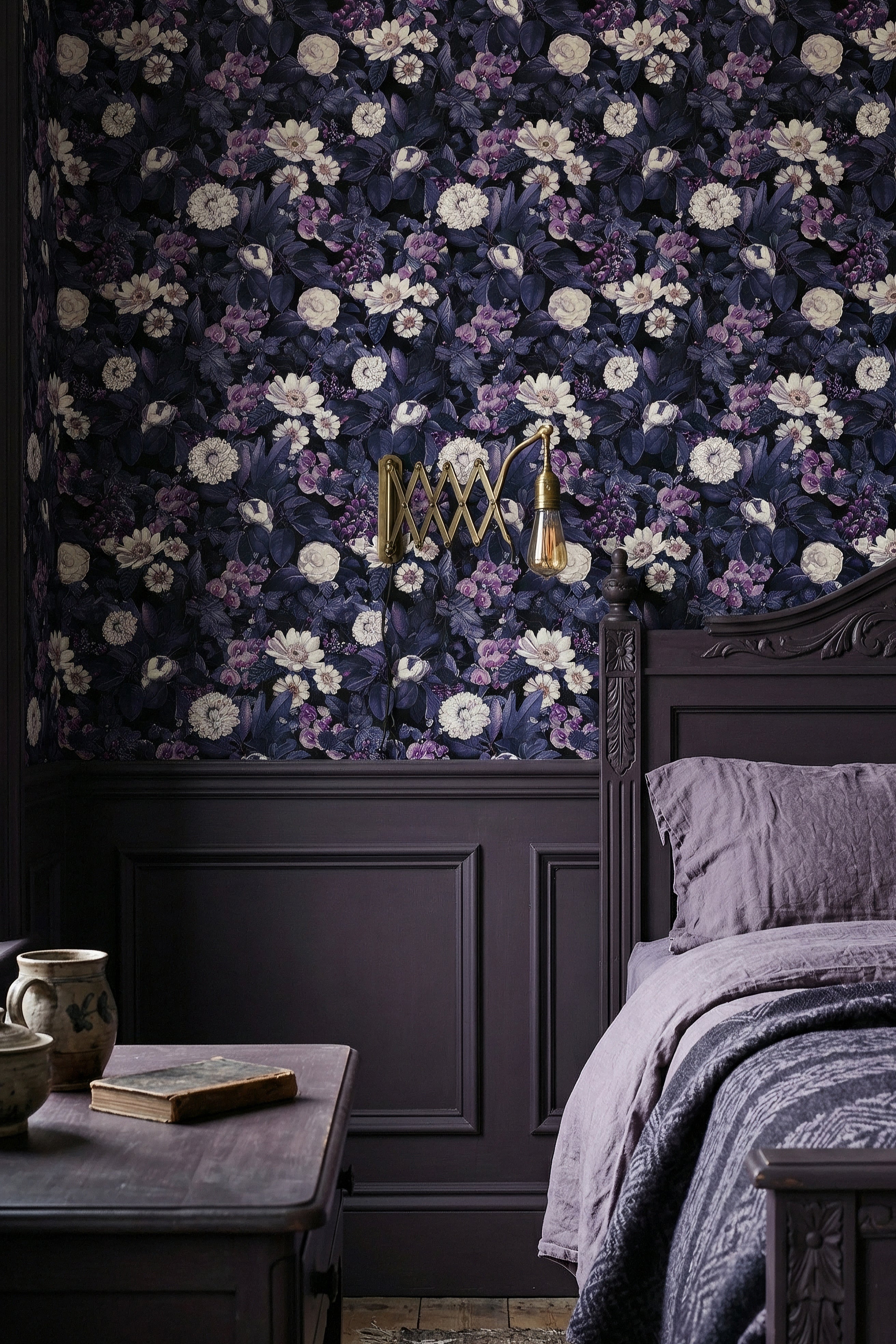 Violet Hour wallpaper shown in a bedroom
