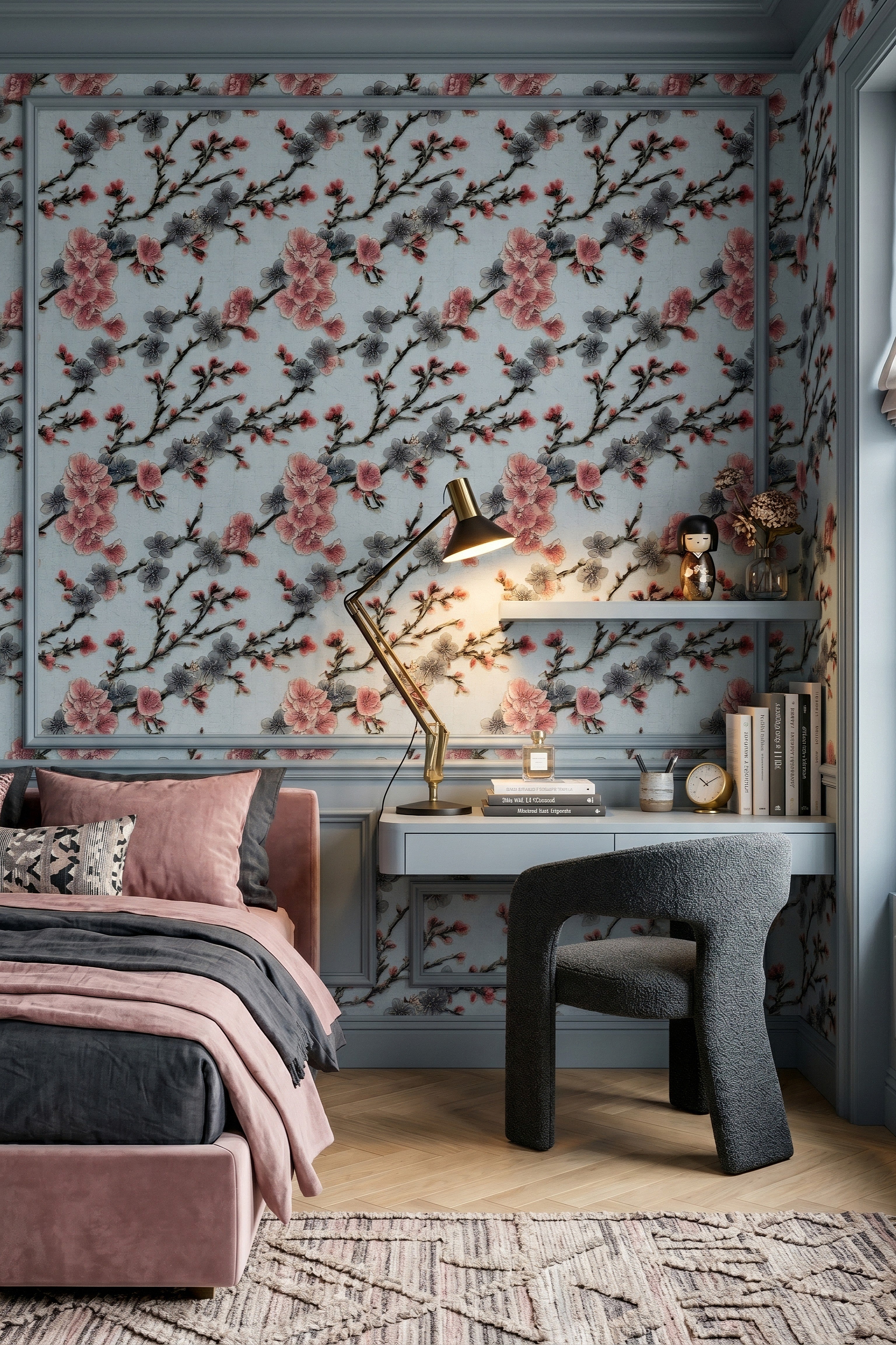 Indigo Blossom wallpaper shown in a bedroom