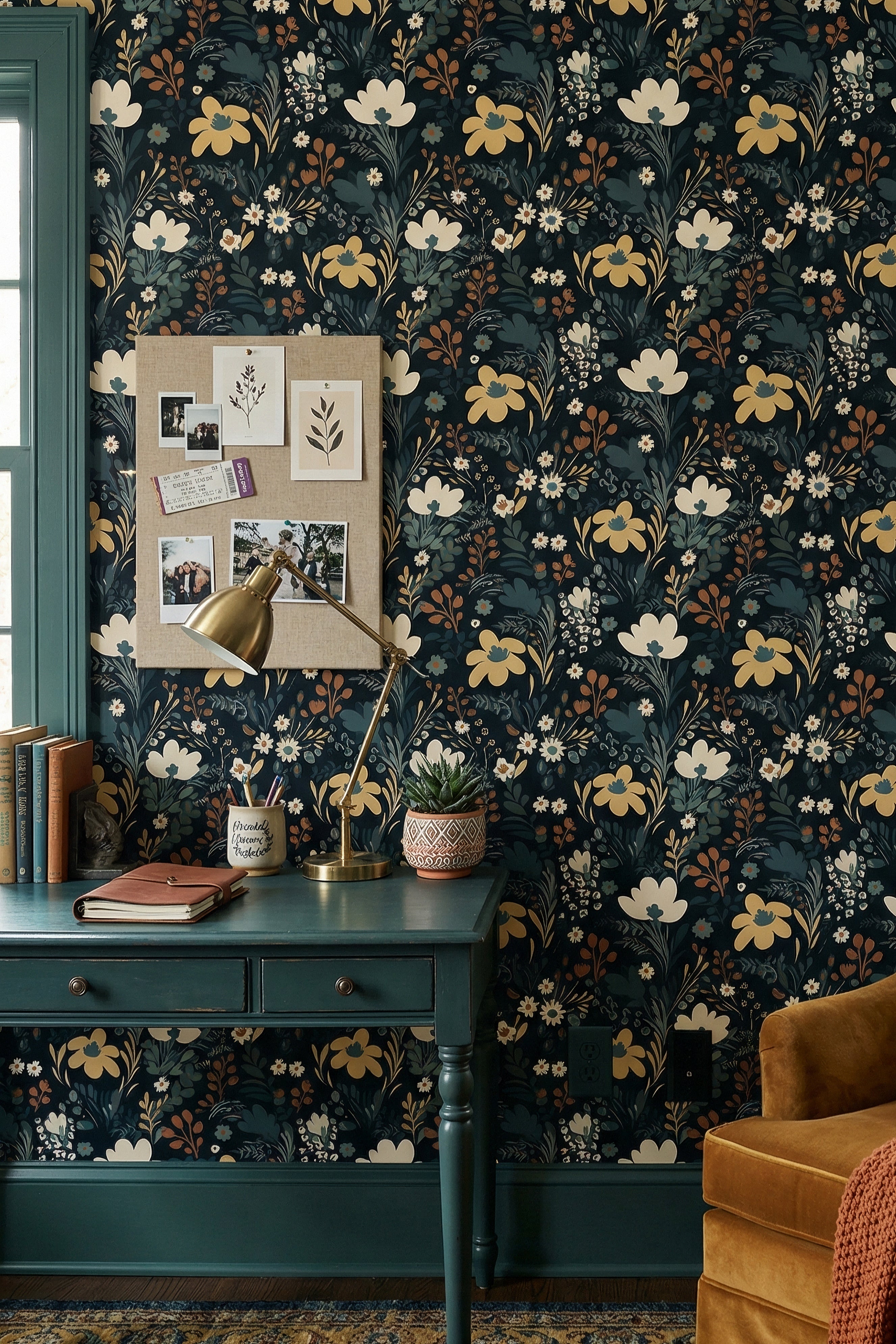 Boho Nocturne wallpaper shown in a home office