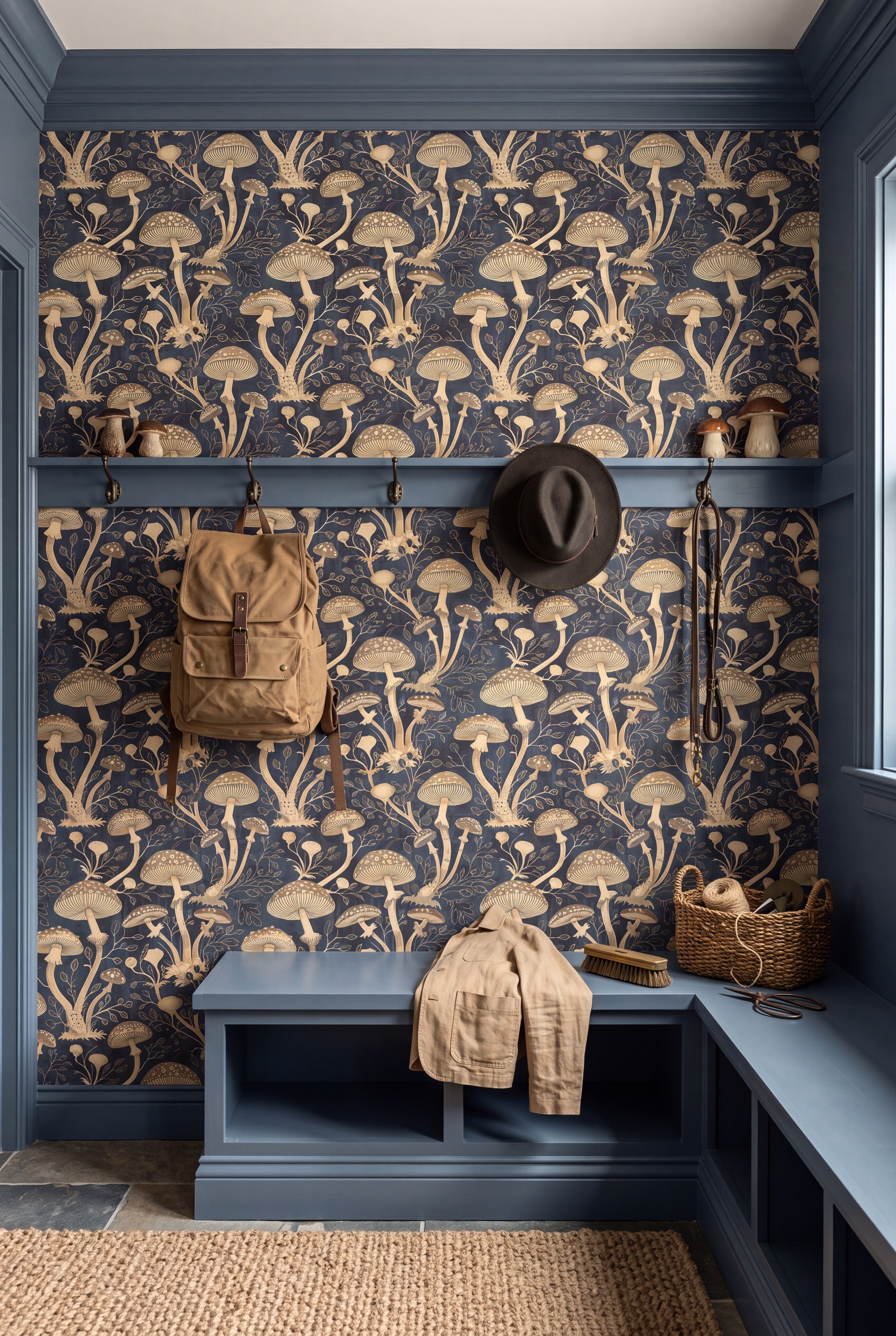 Champignon wallpaper shown in a mudroom