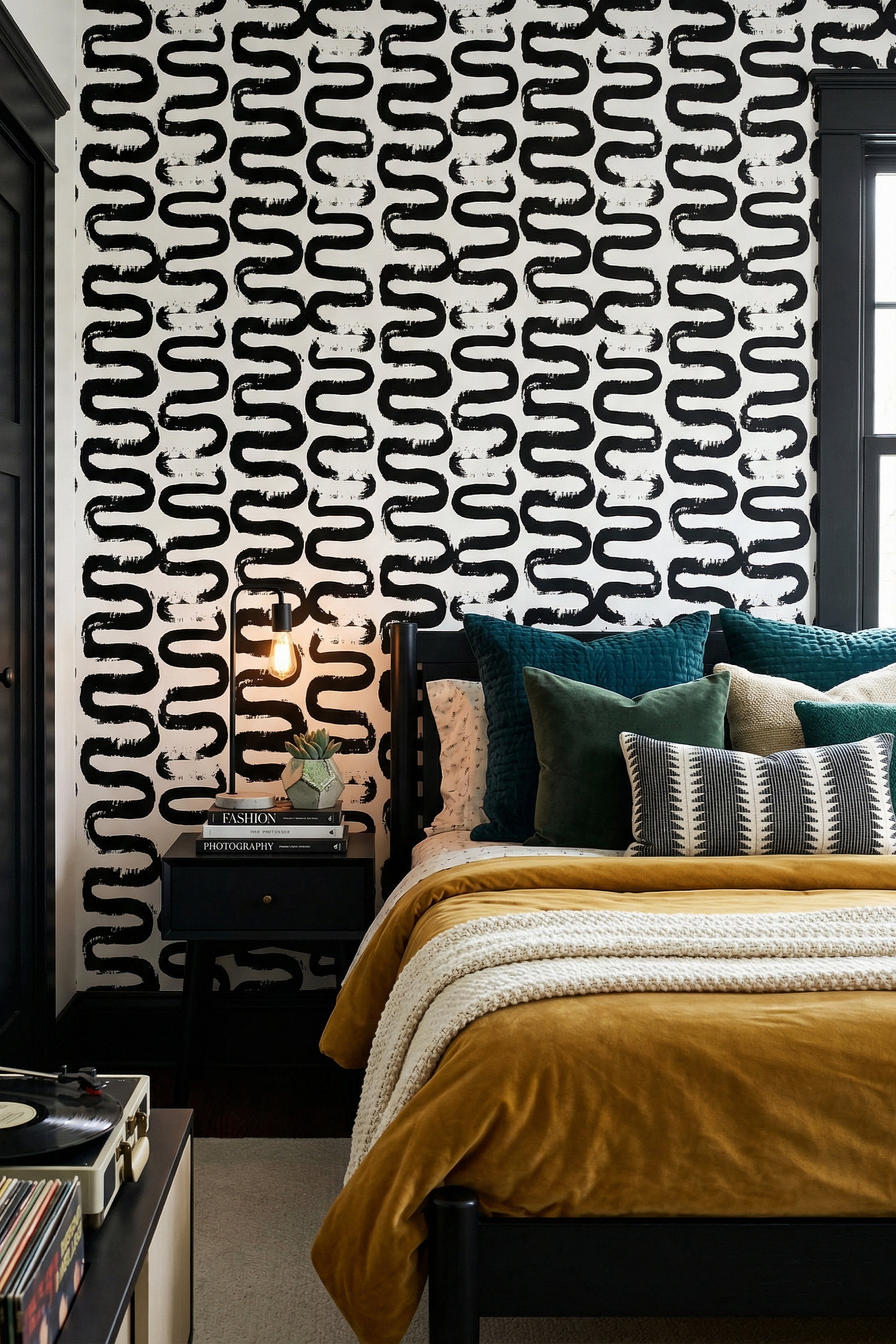 Squiggle wallpaper shown in a bedroom