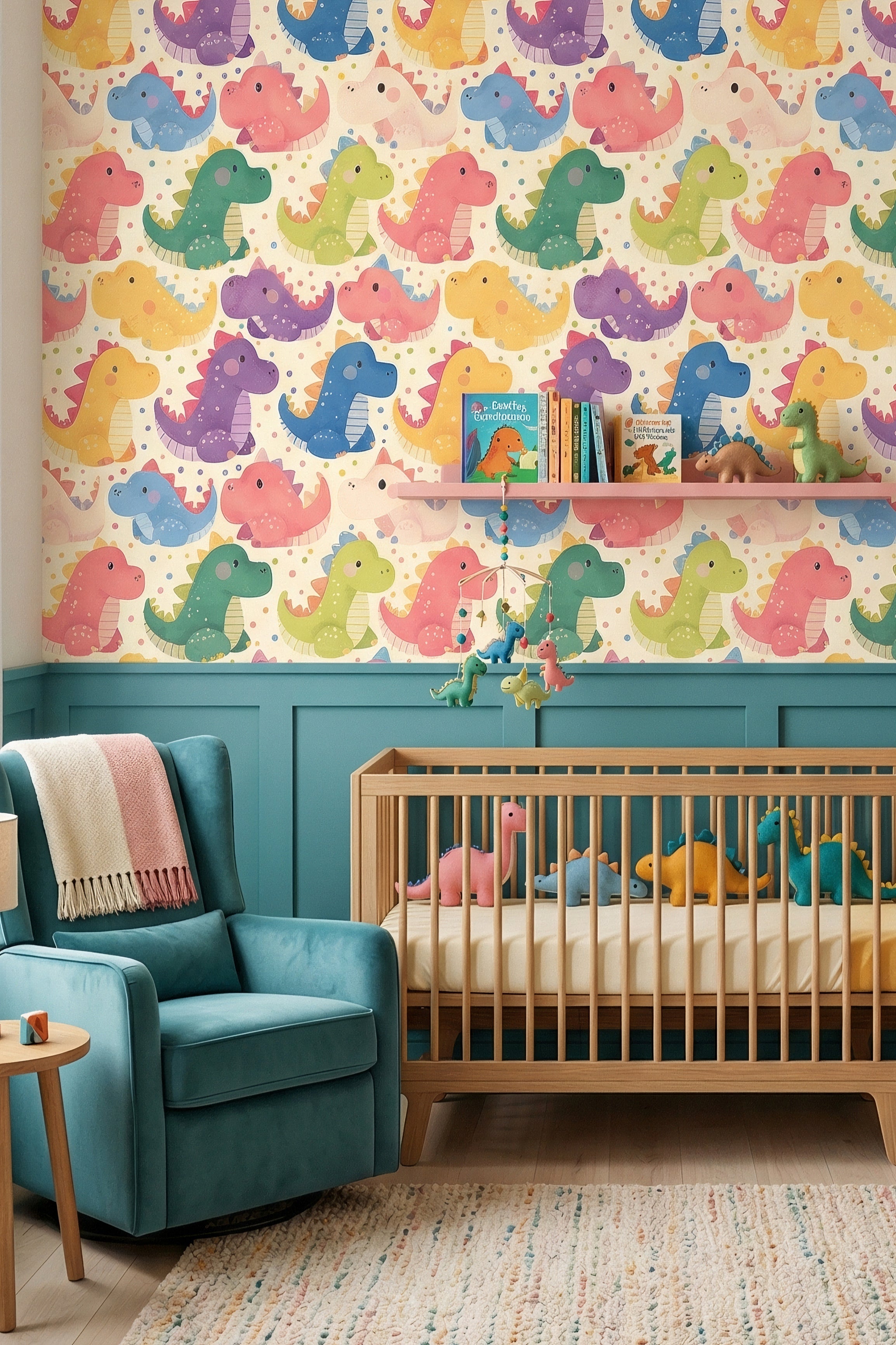 Dino Parade wallpaper shown in a nursery