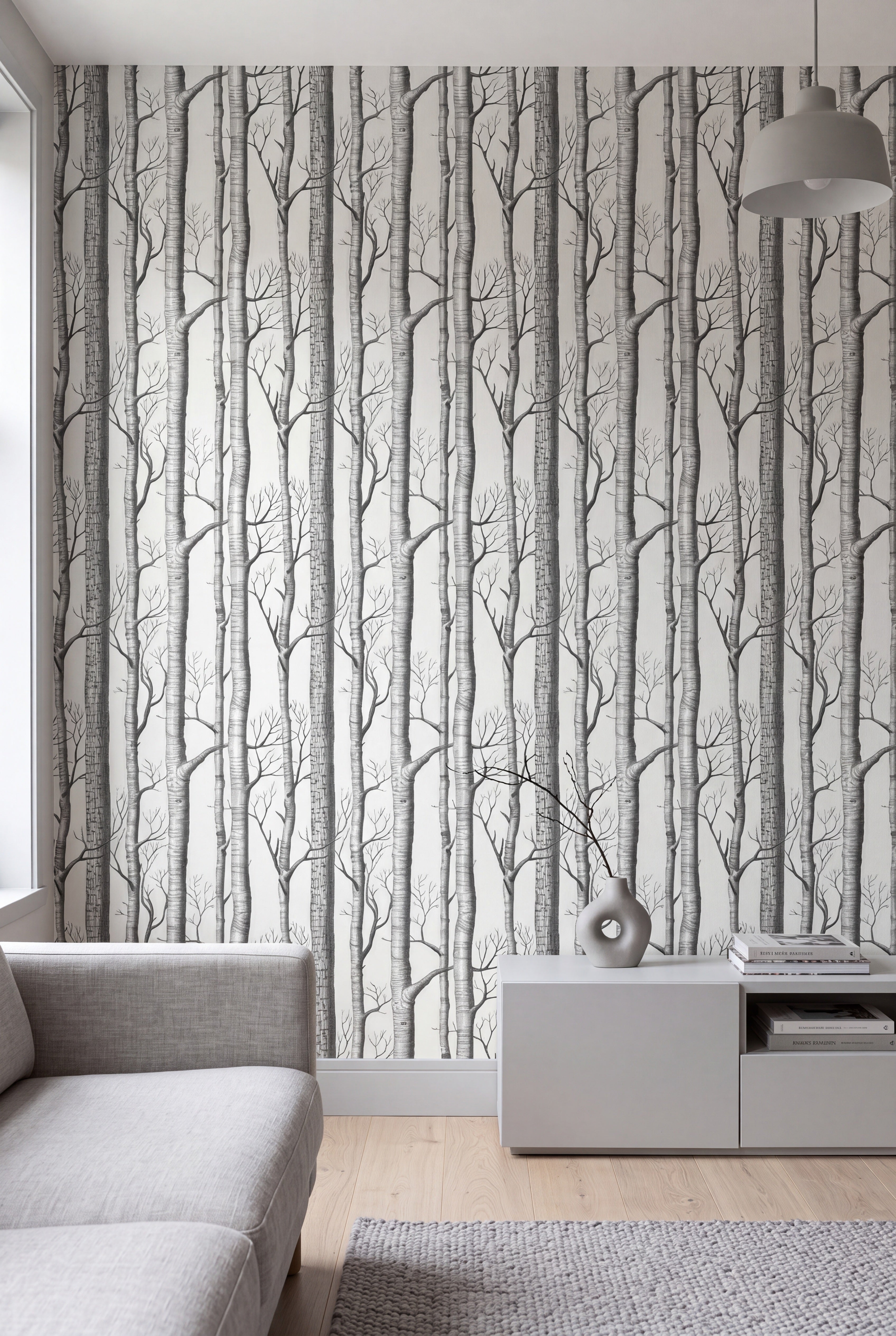 Birch Grove wallpaper shown in a living room