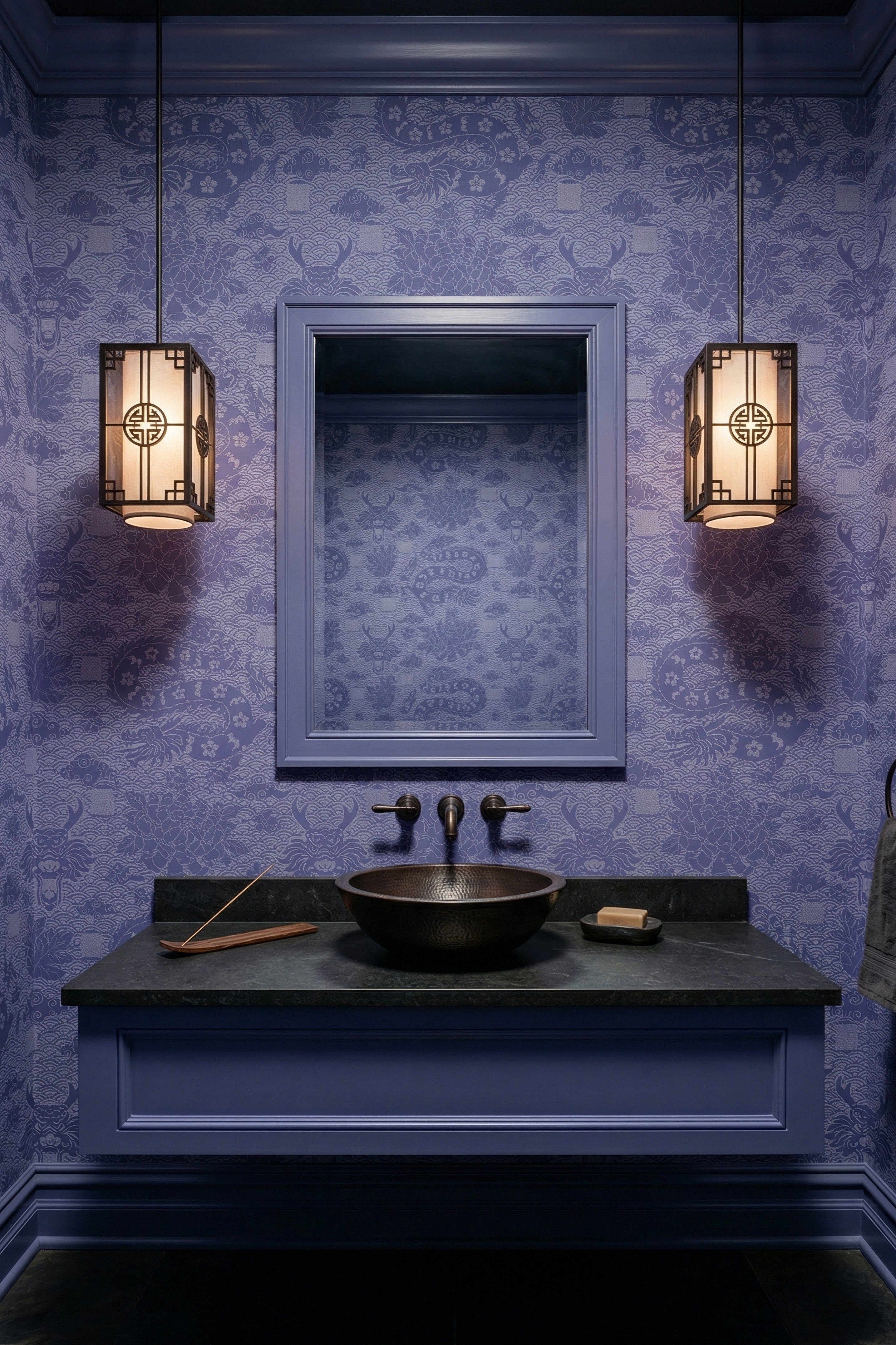 Violet Dragon wallpaper shown in a powder room
