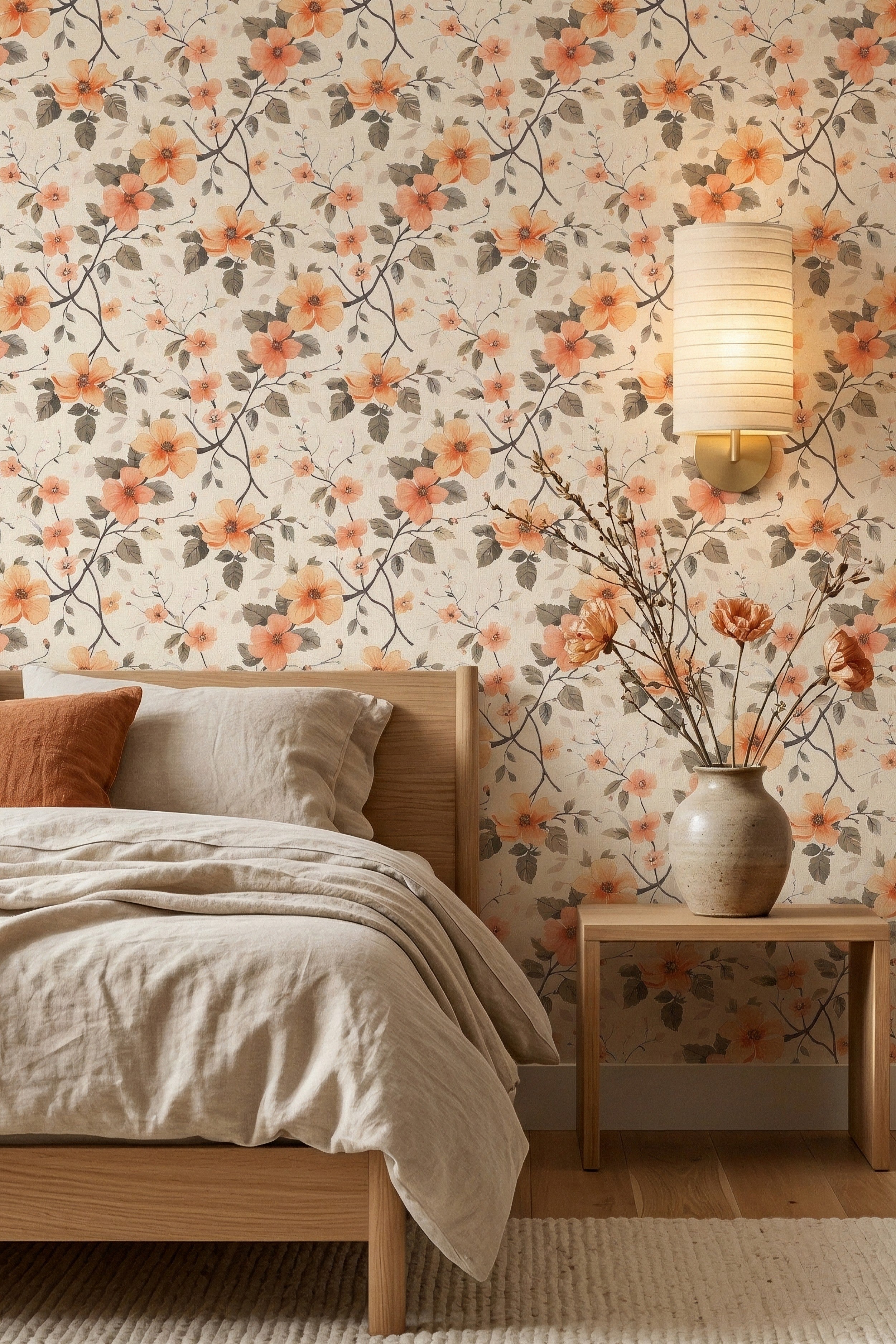 Quiet Blossom wallpaper shown in a bedroom