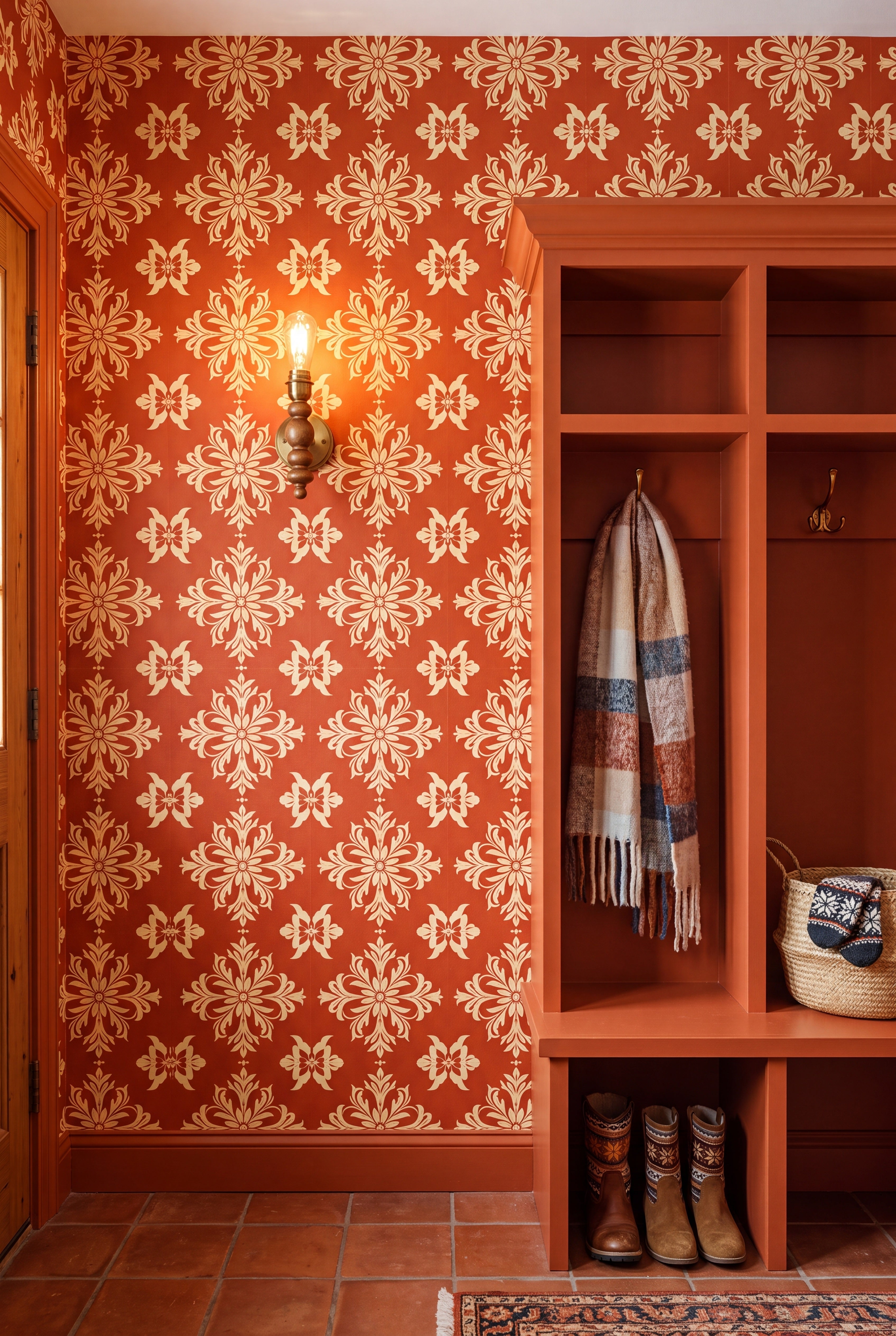 Marrakesh wallpaper shown in a mudroom