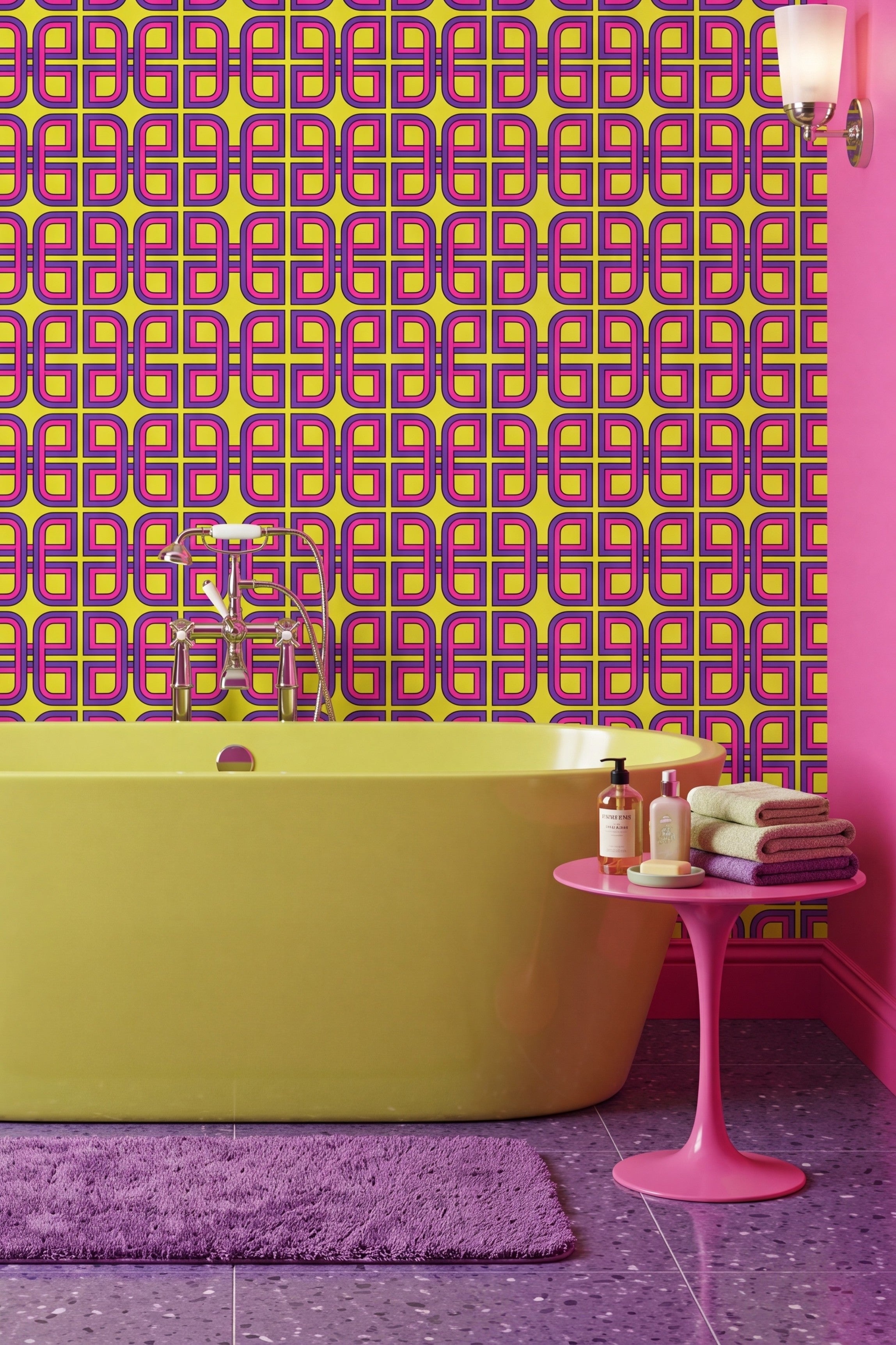 Neon Nineties wallpaper shown in a bathroom