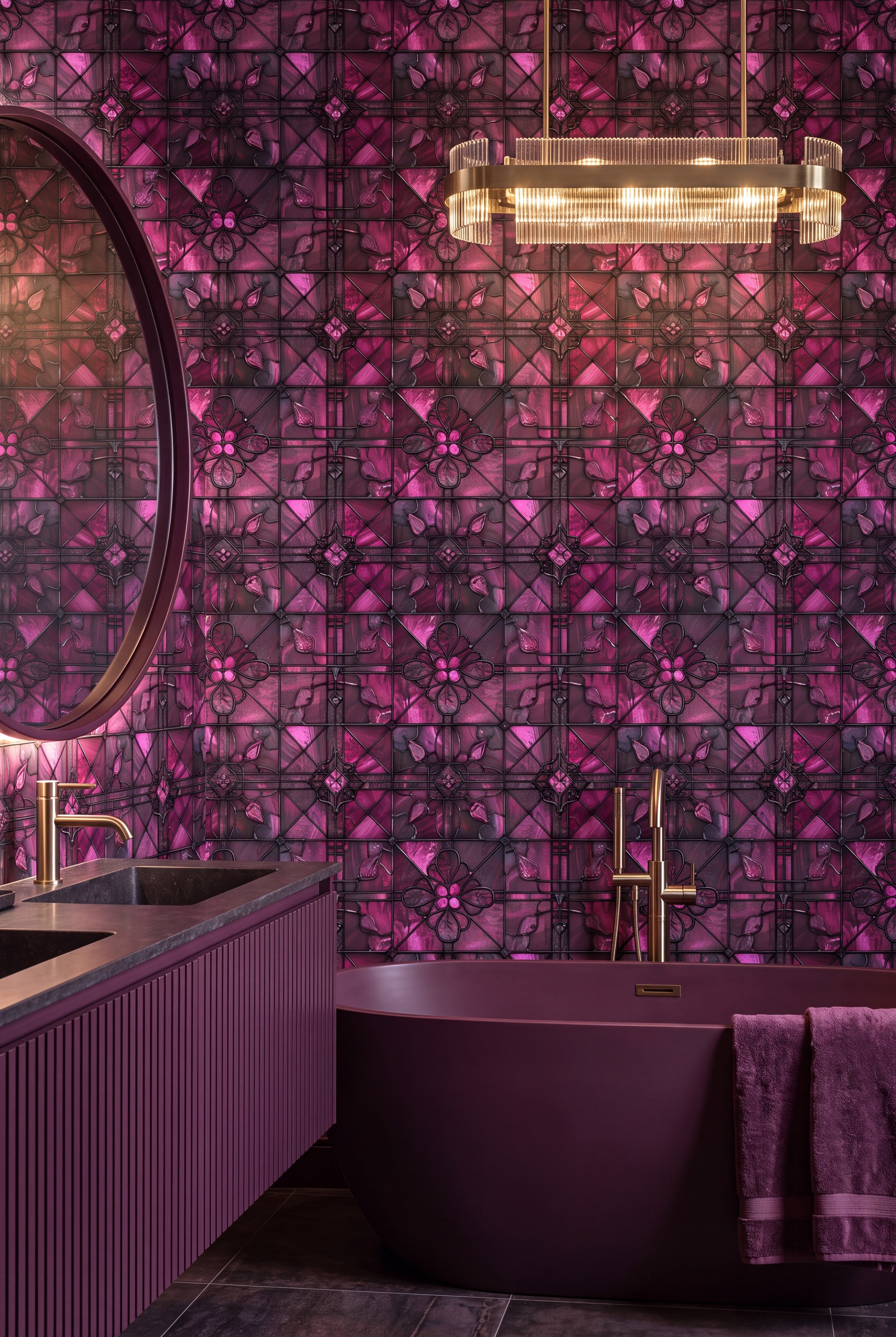 Fuchsia Glass wallpaper shown in a bathroom