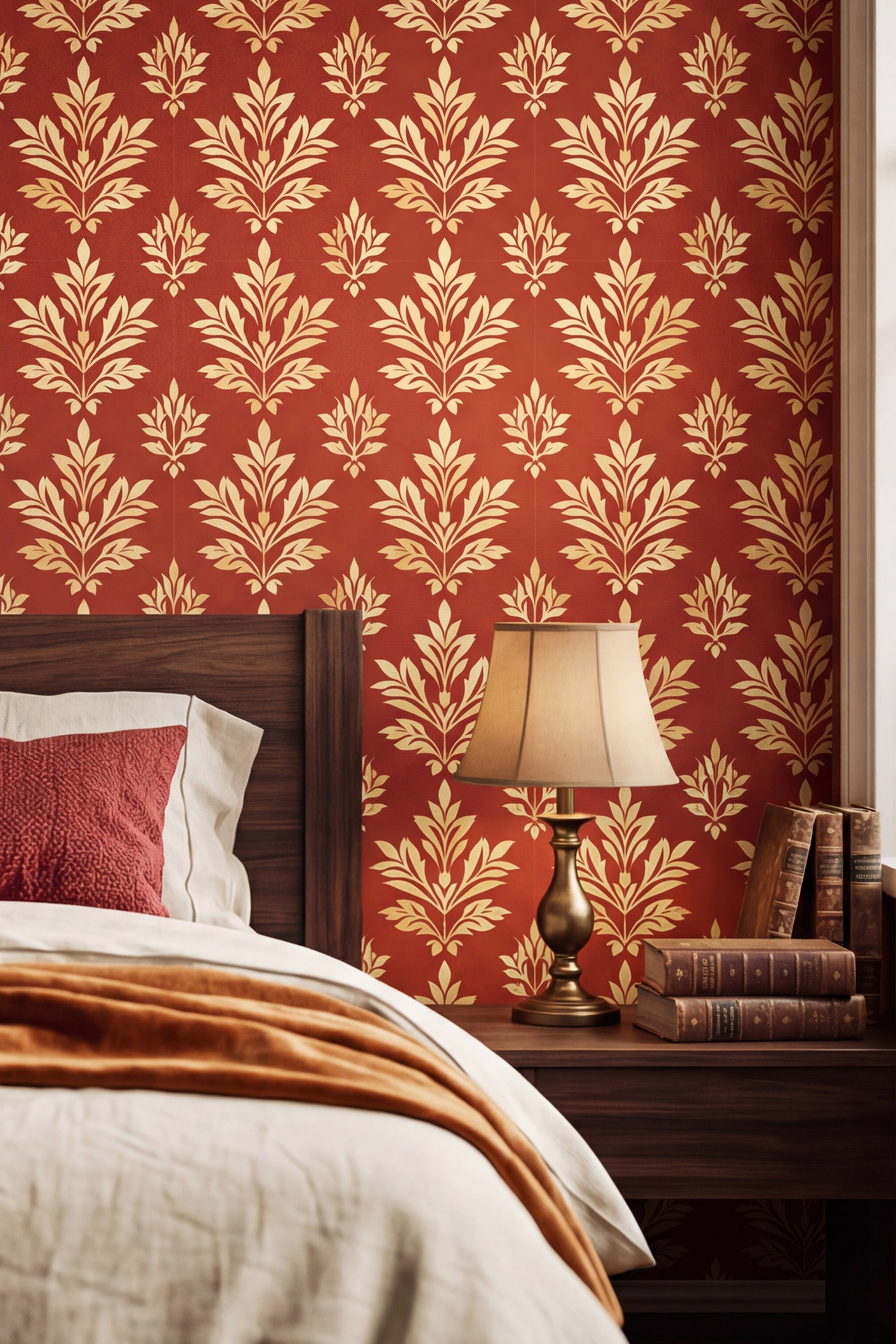 Terra Damask wallpaper shown in a bedroom