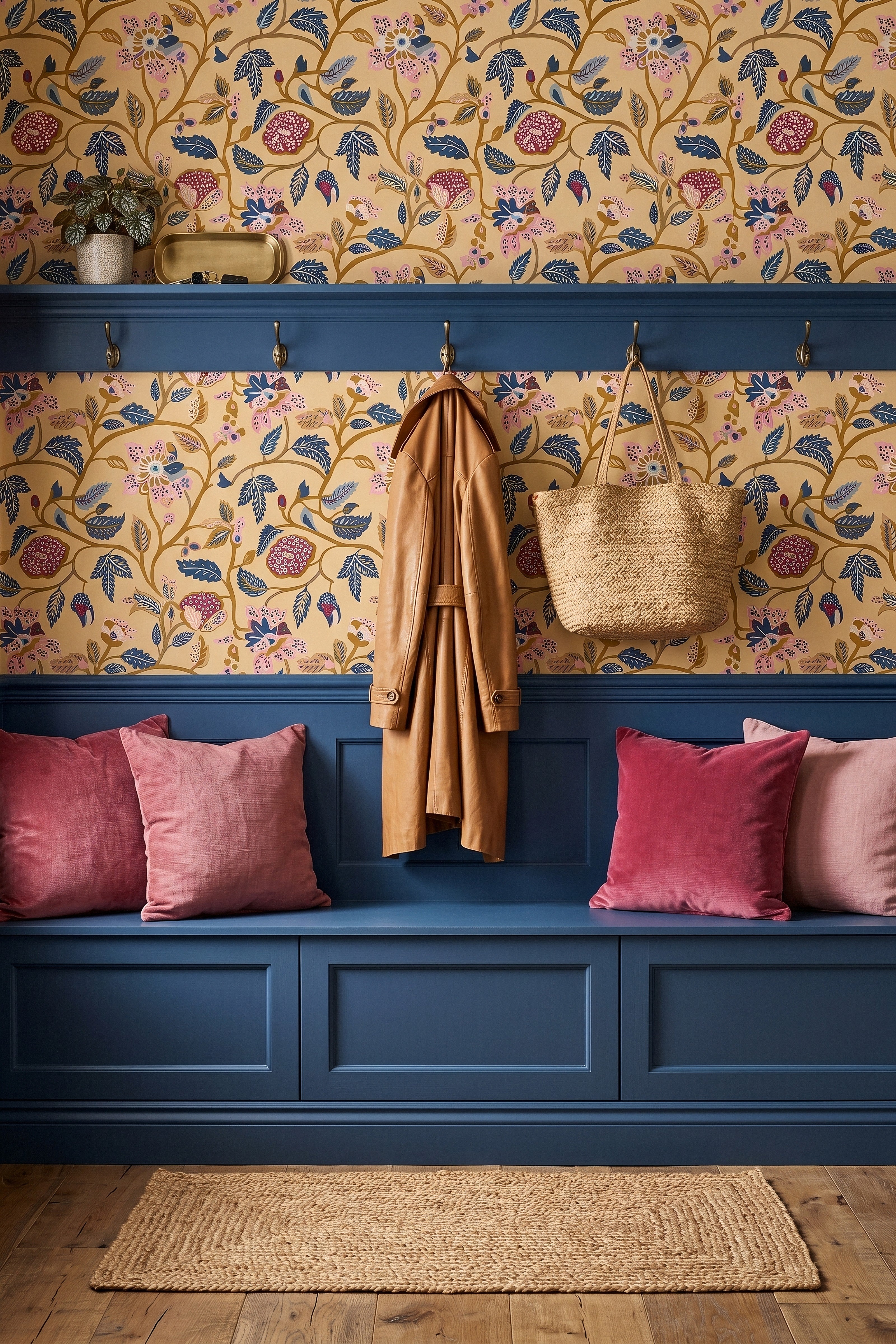 Cottage Folk wallpaper shown in a mudroom